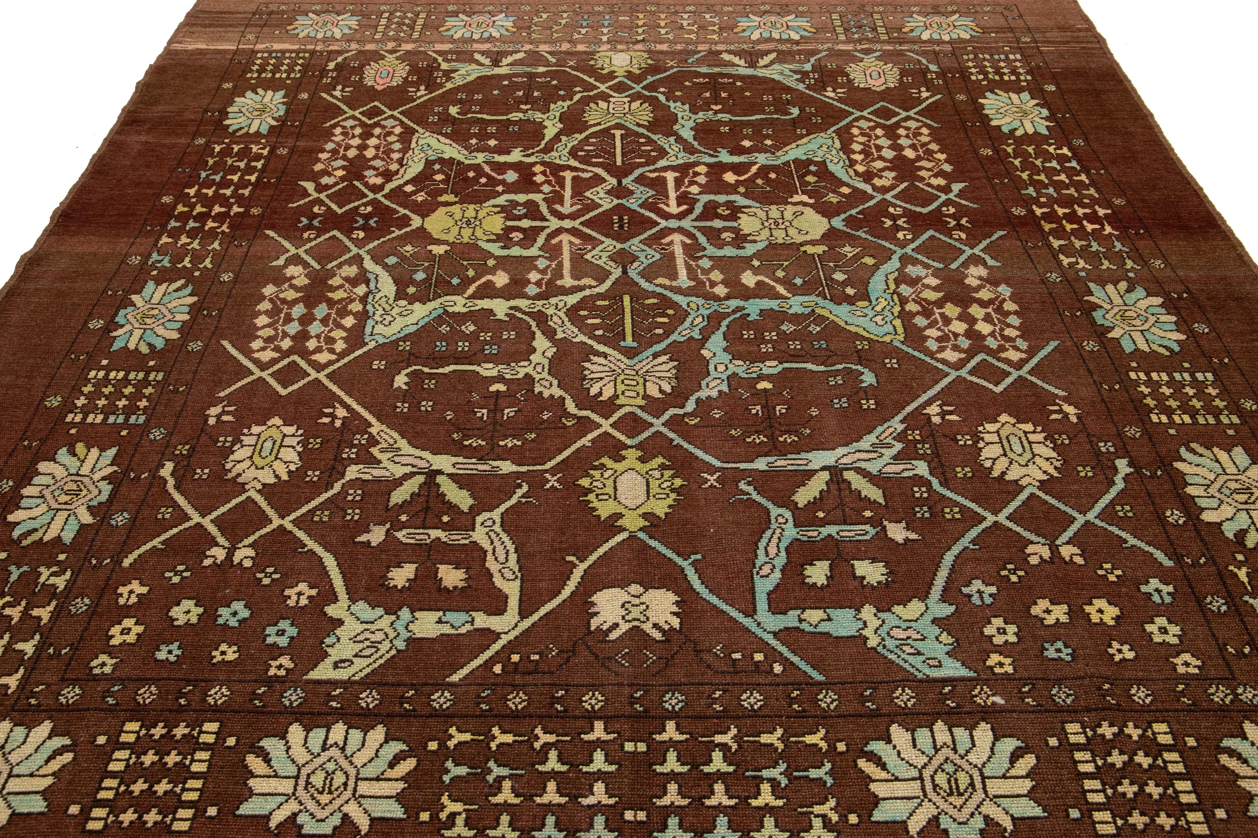8 x 9 Modern Floral Designed Revival Wool Rug In Brown For Sale 2