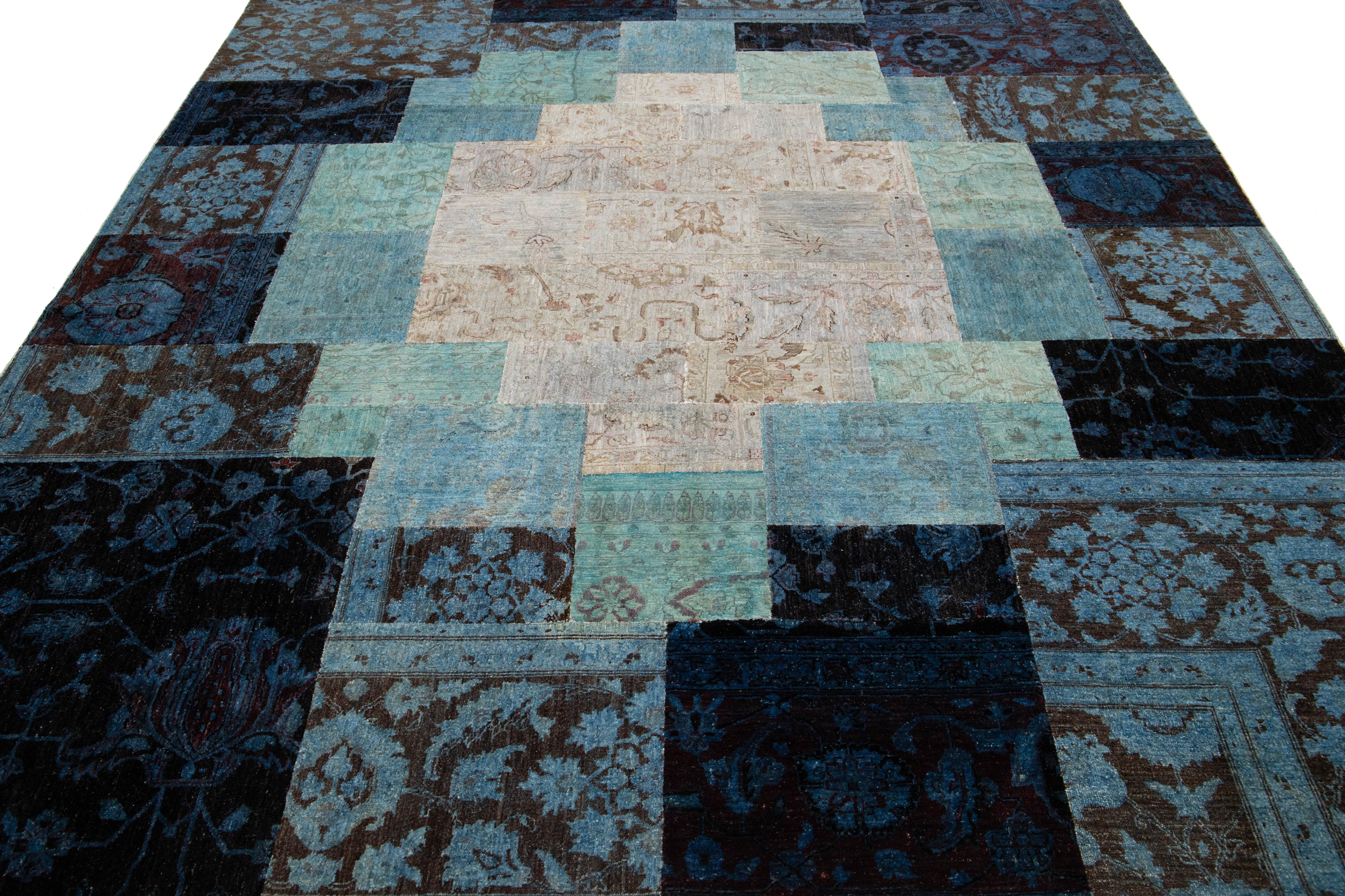8 x 9 Moderner handgefertigter blauer Wollteppich mit Allover-Patchwork-Design im Zustand „Neu“ im Angebot in Norwalk, CT