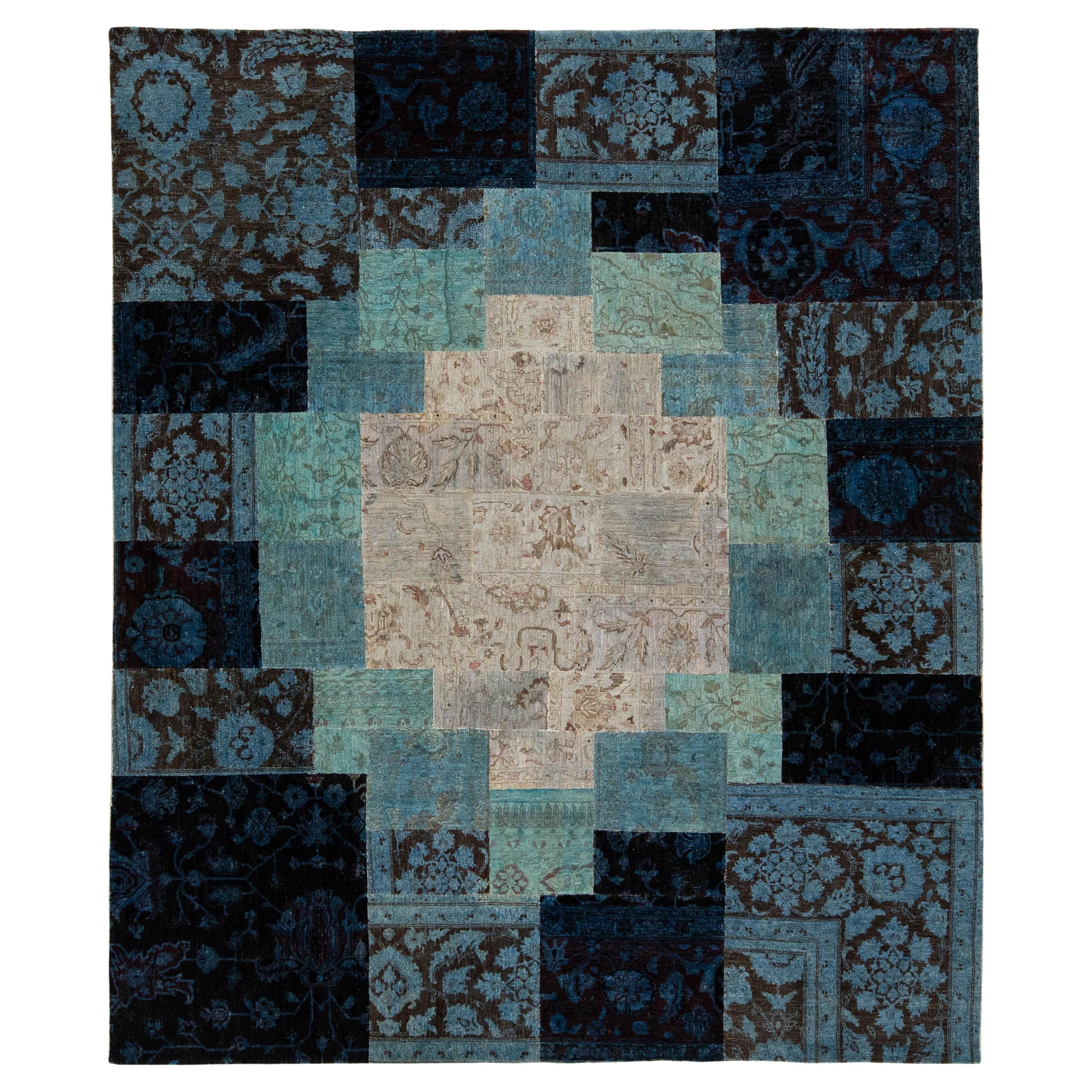 8 x 9 Modern Handcrafted Blue Wool Rug With Allover Patchwork Design