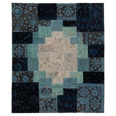 8 x 9 Modern Handcrafted Blue Wool Rug With Allover Patchwork Design
