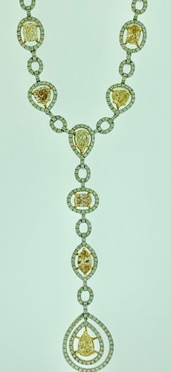 8 Yellow Solitaire Diamond and White Diamond Necklace 18 Karat White Gold