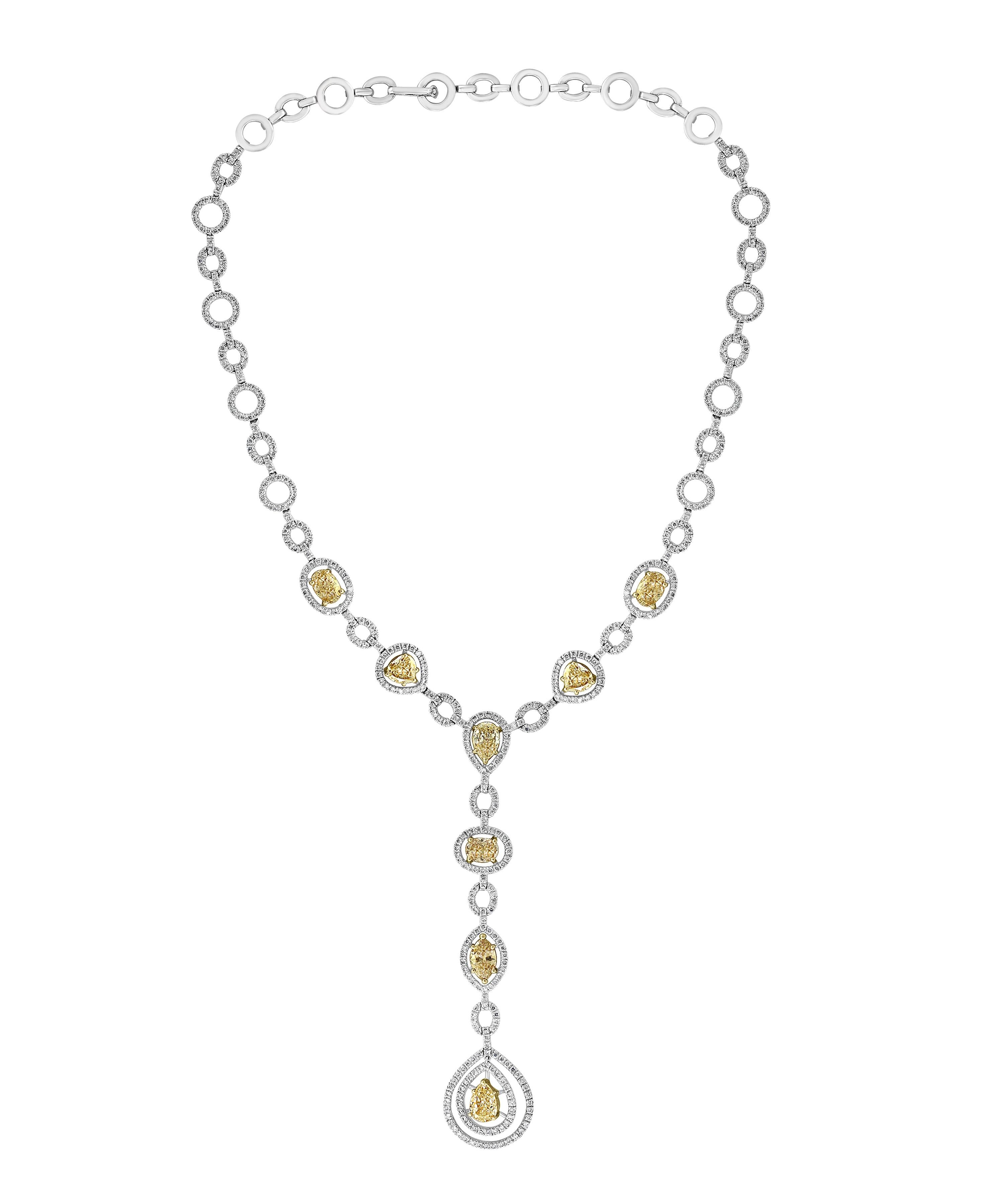 Pear Cut 8 Yellow Solitaire Diamond and White Diamond Necklace 18 Karat White Gold For Sale