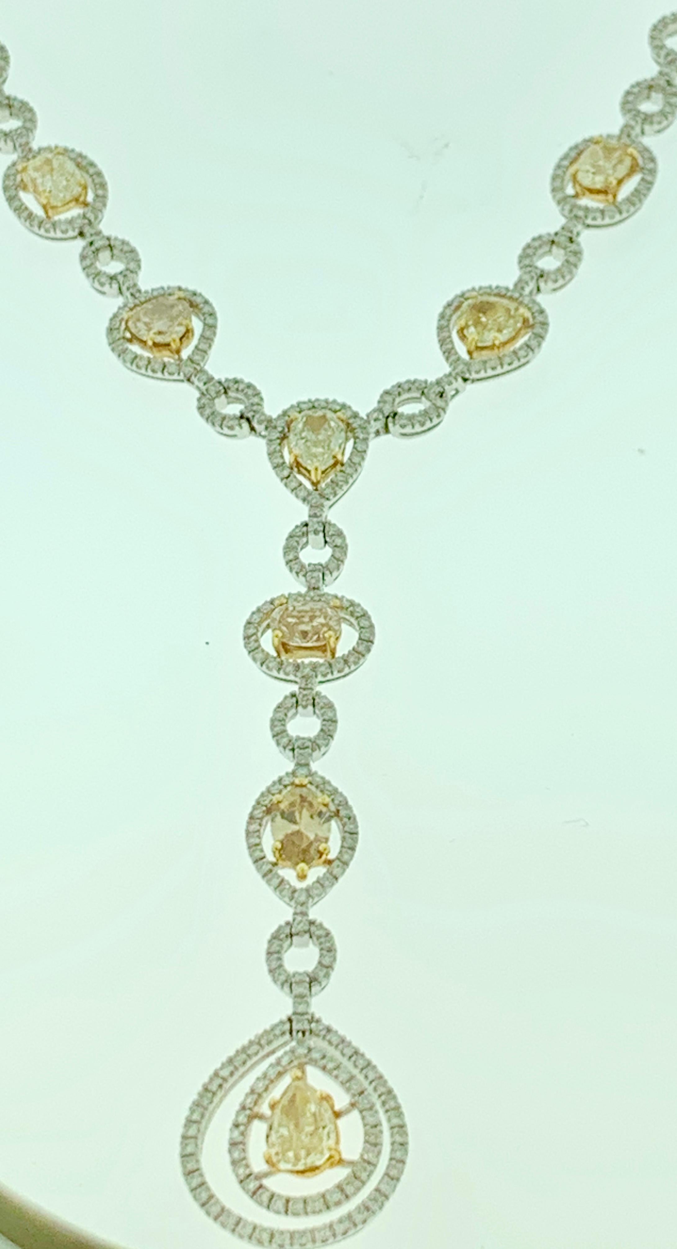 Women's 8 Yellow Solitaire Diamond and White Diamond Necklace 18 Karat White Gold For Sale