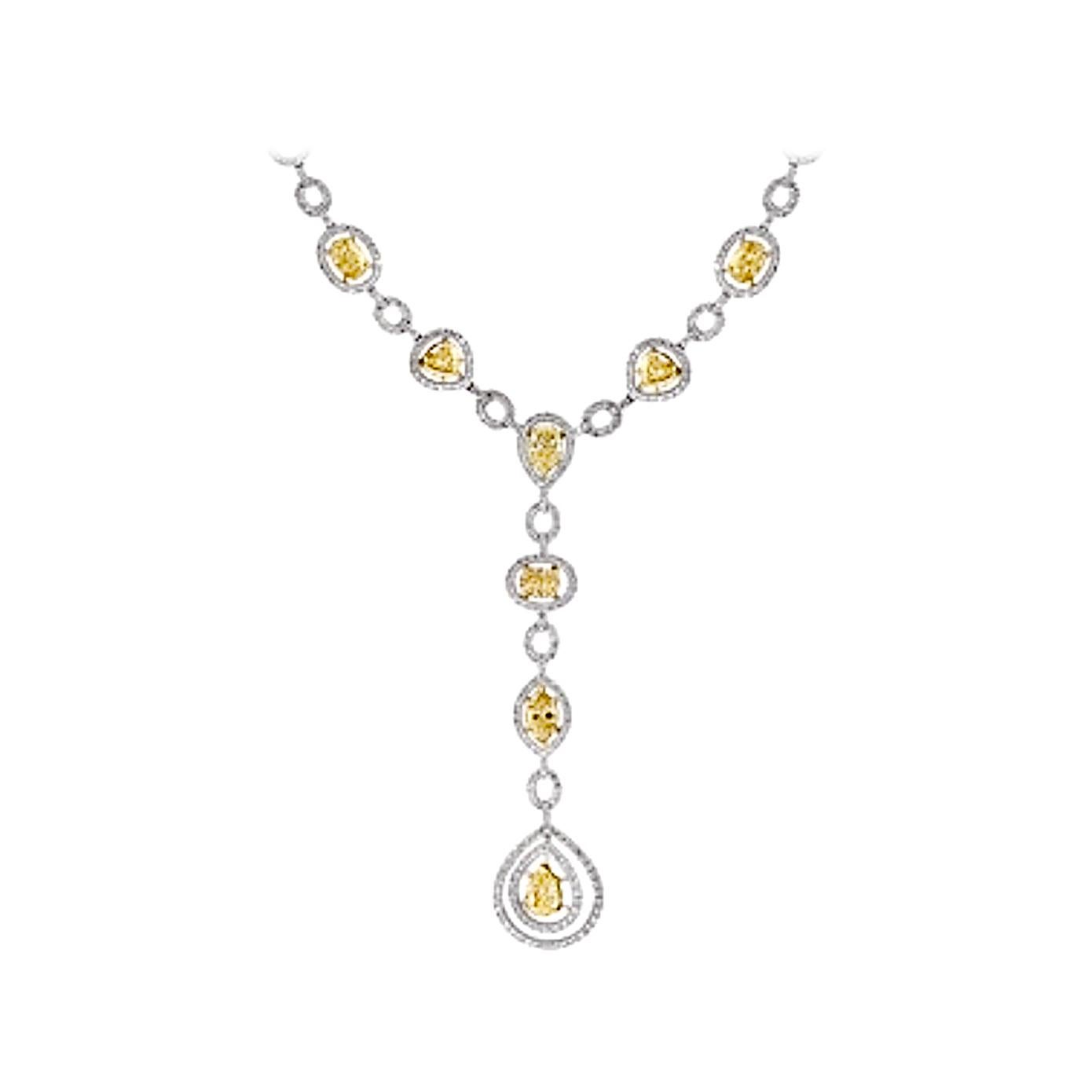 8 Yellow Solitaire Diamond and White Diamond Necklace 18 Karat White Gold