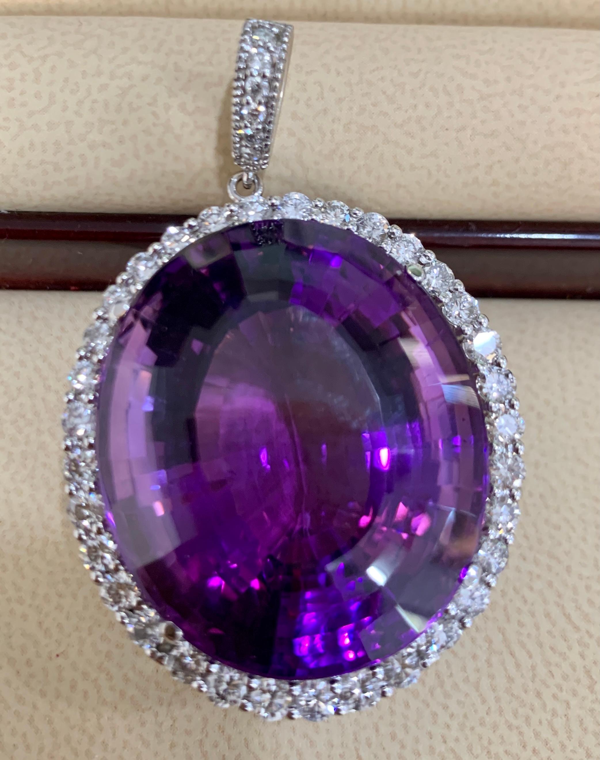 80 Carat Amethyst & 3.5 ct Diamond Pendant Necklace 14 Karat White Gold + Chain In Excellent Condition For Sale In New York, NY