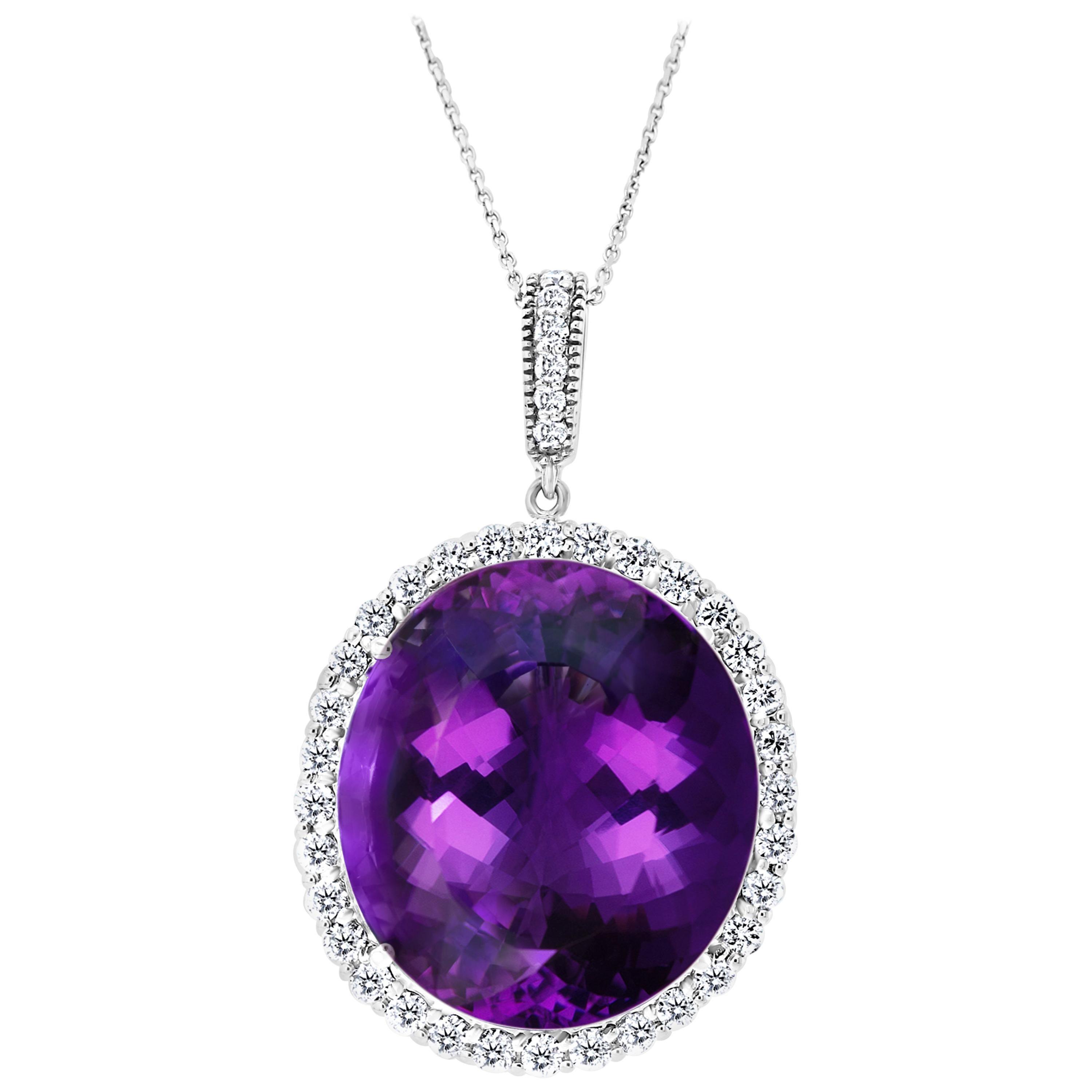 80 Carat Amethyst & 3.5 ct Diamond Pendant Necklace 14 Karat White Gold + Chain