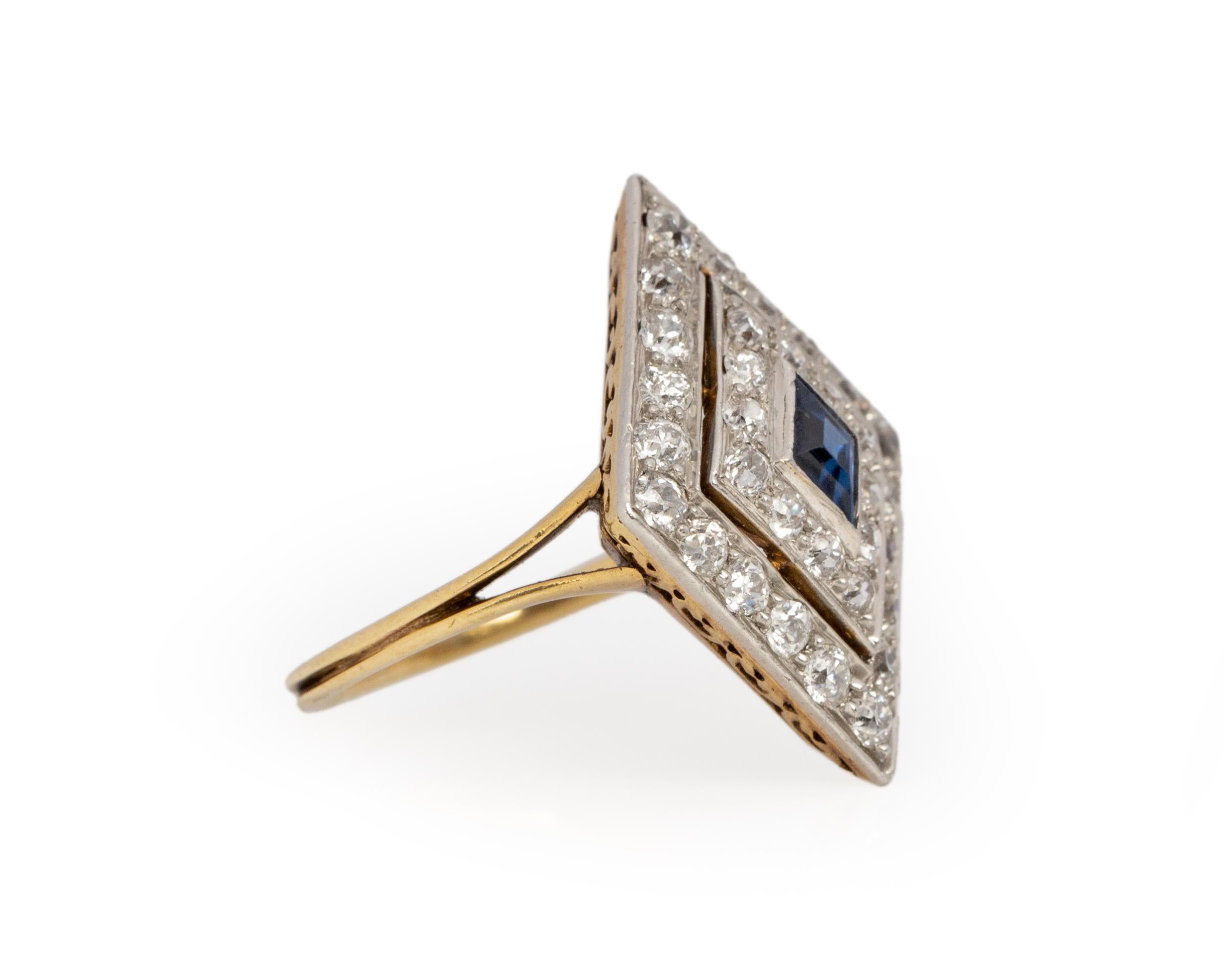 Ring Size: 4.5
Metal Type: 18karat Yellow Gold & Platinum [Hallmarked, and Tested]
Weight: 3.0 grams

Diamond Details:
Weight: .80carat
Cut: Old European brilliant
Color: F-G
Clarity: VS

Color Stone Details:
Type: Sapphire
Weight: .40carat
Cut: