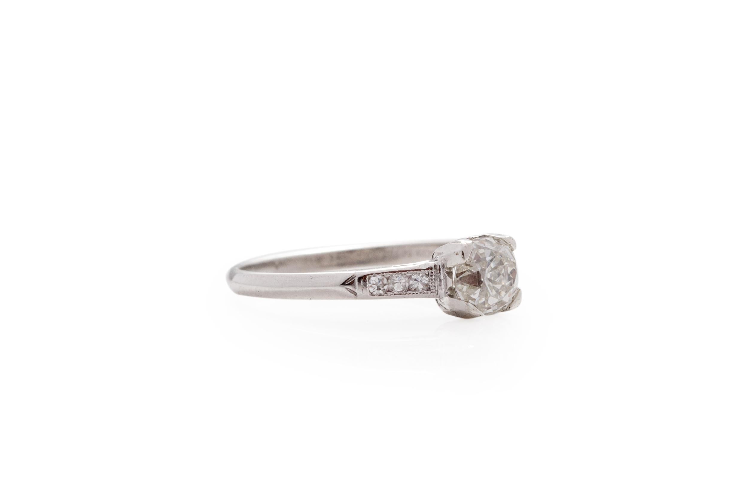 Ring Size: 5.5
Metal Type: Platinum [Hallmarked, and Tested]
Weight: 3.0 grams

Center Diamond Details:
Weight: .80 carat
Cut: Antique Cushion ( Old Mine brilliant )
Color: J
Clarity: VS2

Side Stone Details:
Weight: .10 carat total weight
Cut: