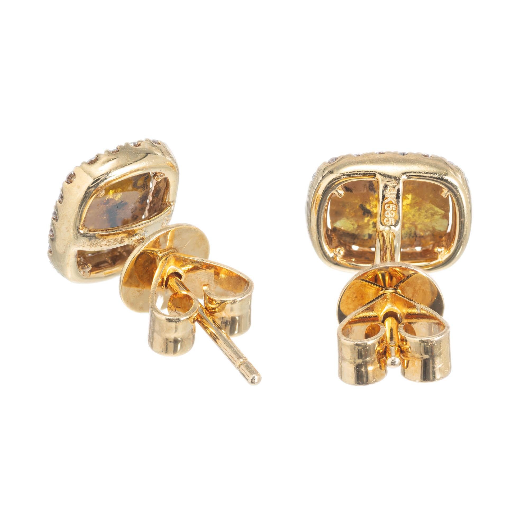 Women's .80 Carat Brown Yellow Diamond Halo Gold Stud Earrings For Sale