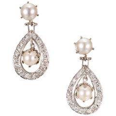 Retro .80 Carat Diamond Cultured Pearl White Gold Midcentury Dangle Earrings