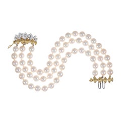 Vintage .80 Carat Diamond High Grade Cultured Pearl Three-Row Gold Bracelet