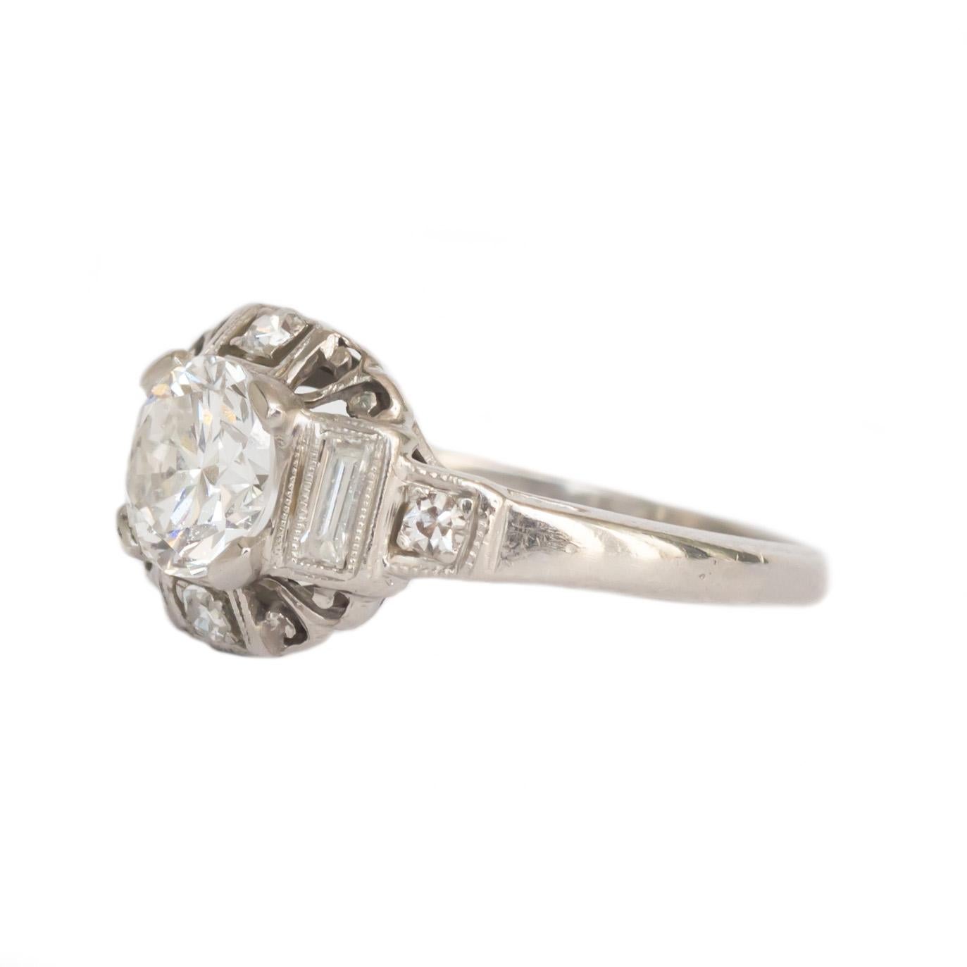 Item Details: 
Ring Size: 4.5
Metal Type: Platinum  [Tested and Hallmarked]
Weight: 3.1 grams

Center Stone Details:
Weight: .80 carat
Cut: Transitional Round
Color: G
Clarity: VS

Side Stone Details: 
Weight: .30 carat
Cut: Transitional Round,
