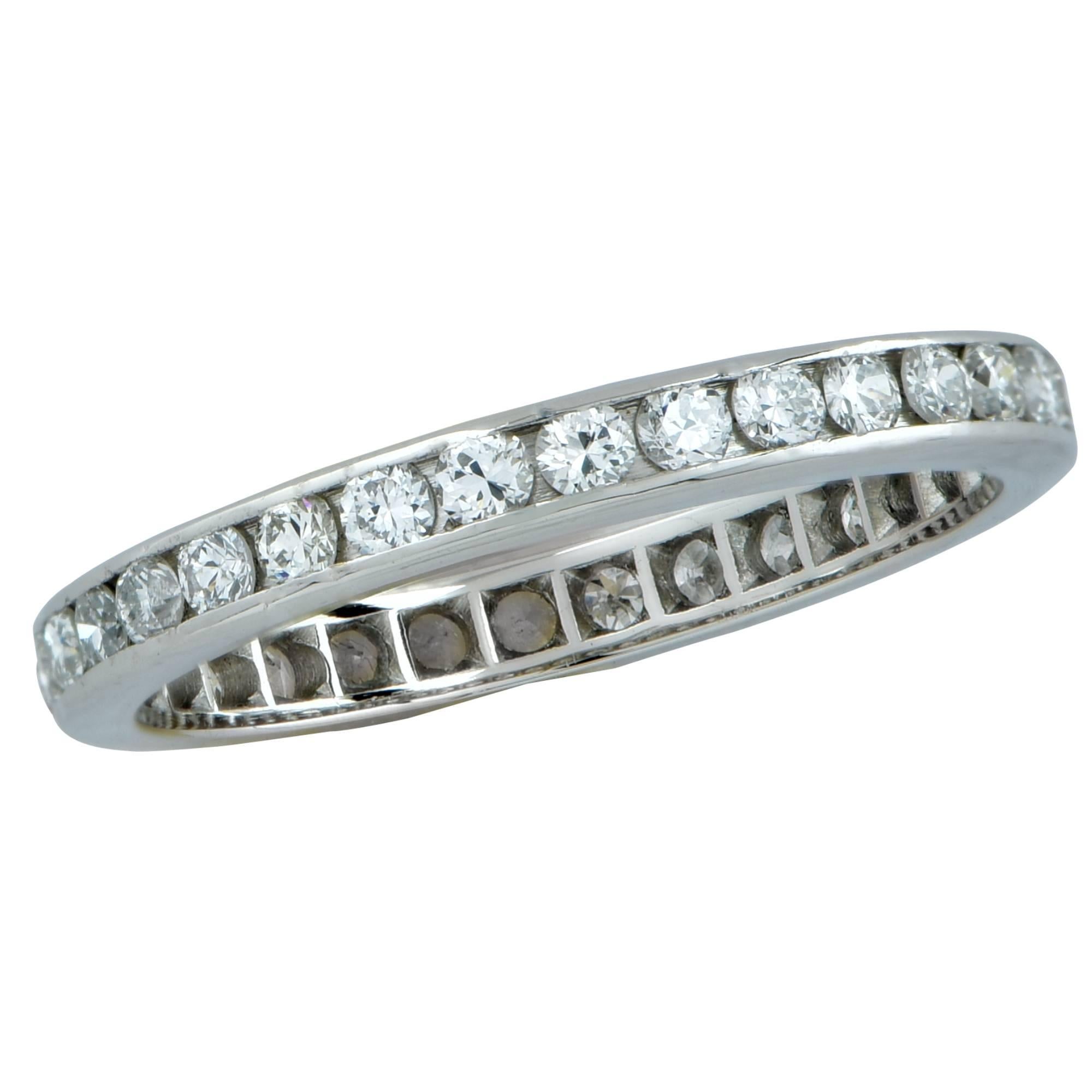 Platinum eternity band size 6. Featuring 33 round brilliant cut diamonds weighing approximately .80cts total, G color SI clarity.

Our pieces are all accompanied by an appraisal performed by one of our in-house GIA Graduates. They are also