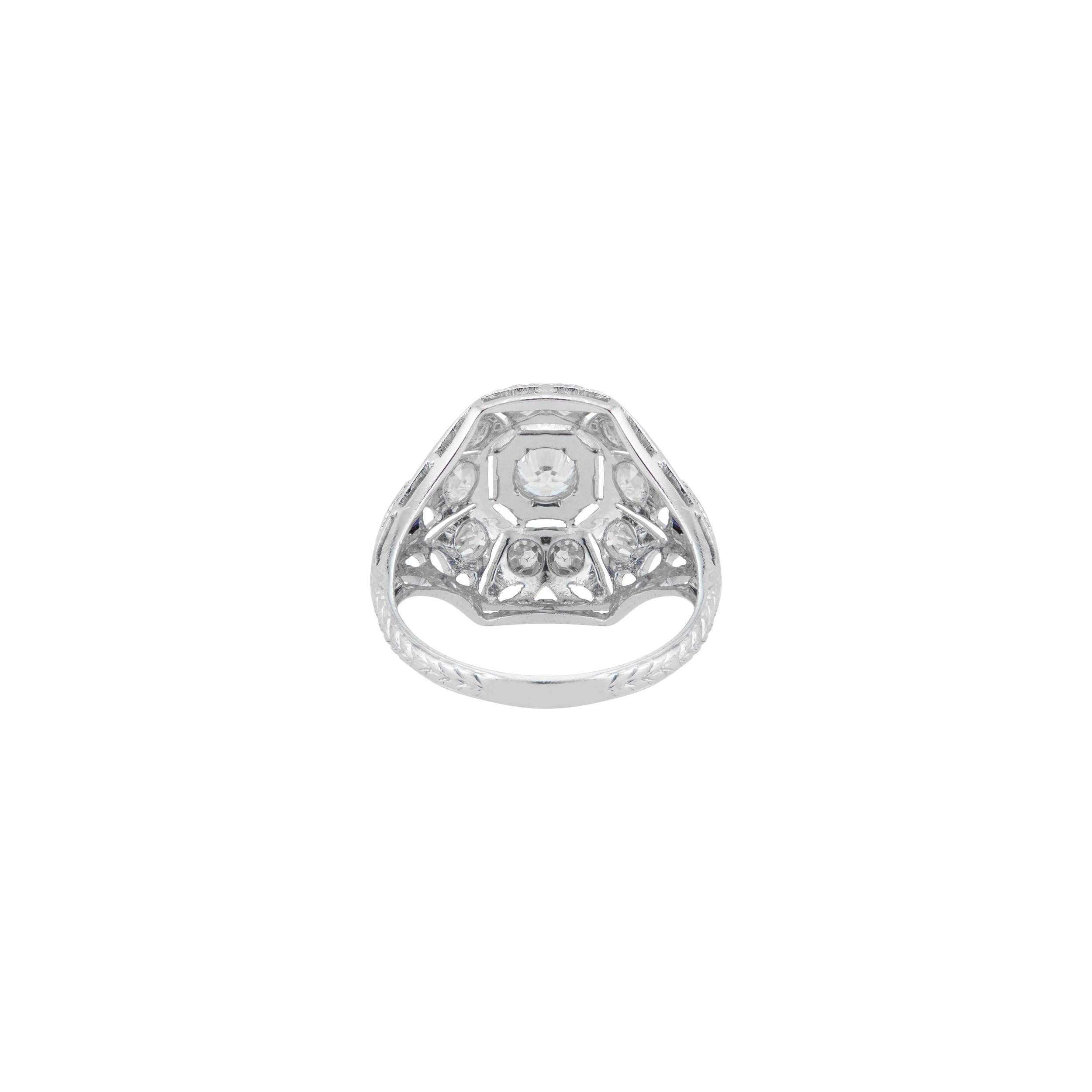 Old European Cut .80 Carat Diamond Sapphire Pierced Dome Platinum Engagement Ring For Sale