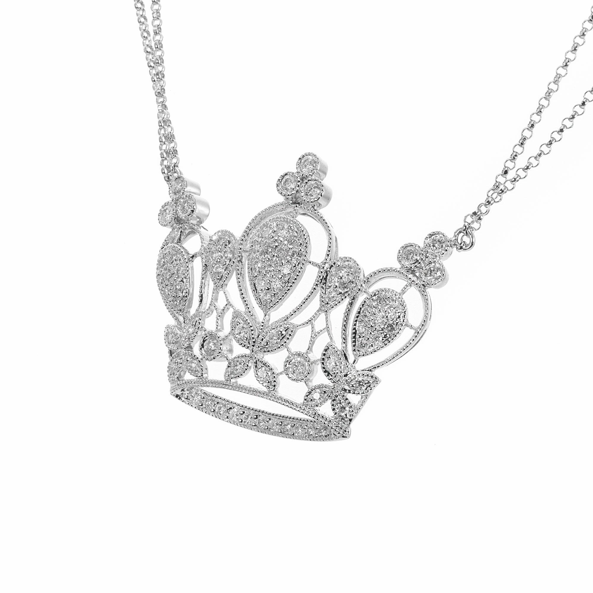 Diamond crown pendant necklace. 71 round full cut diamonds set in a 18k white gold open work crown style pendant with double chain necklace. 16 inches in length. 

71 round diamonds, H-I SI-I approx. .80cts
18k white gold 
Stamped: 750 18k
9.4