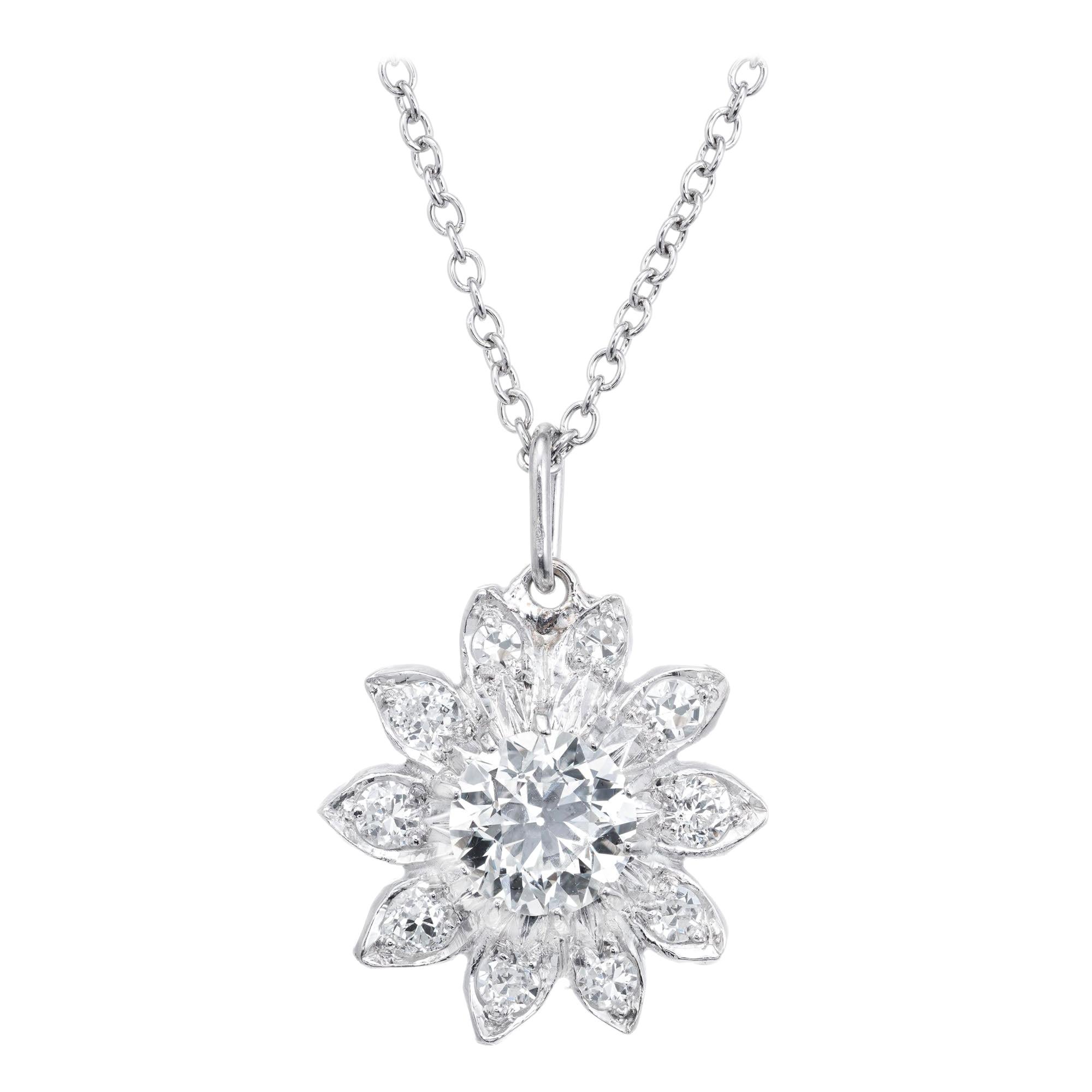 .80 Carat Diamond White Gold Flower Art Deco Pendant Necklace