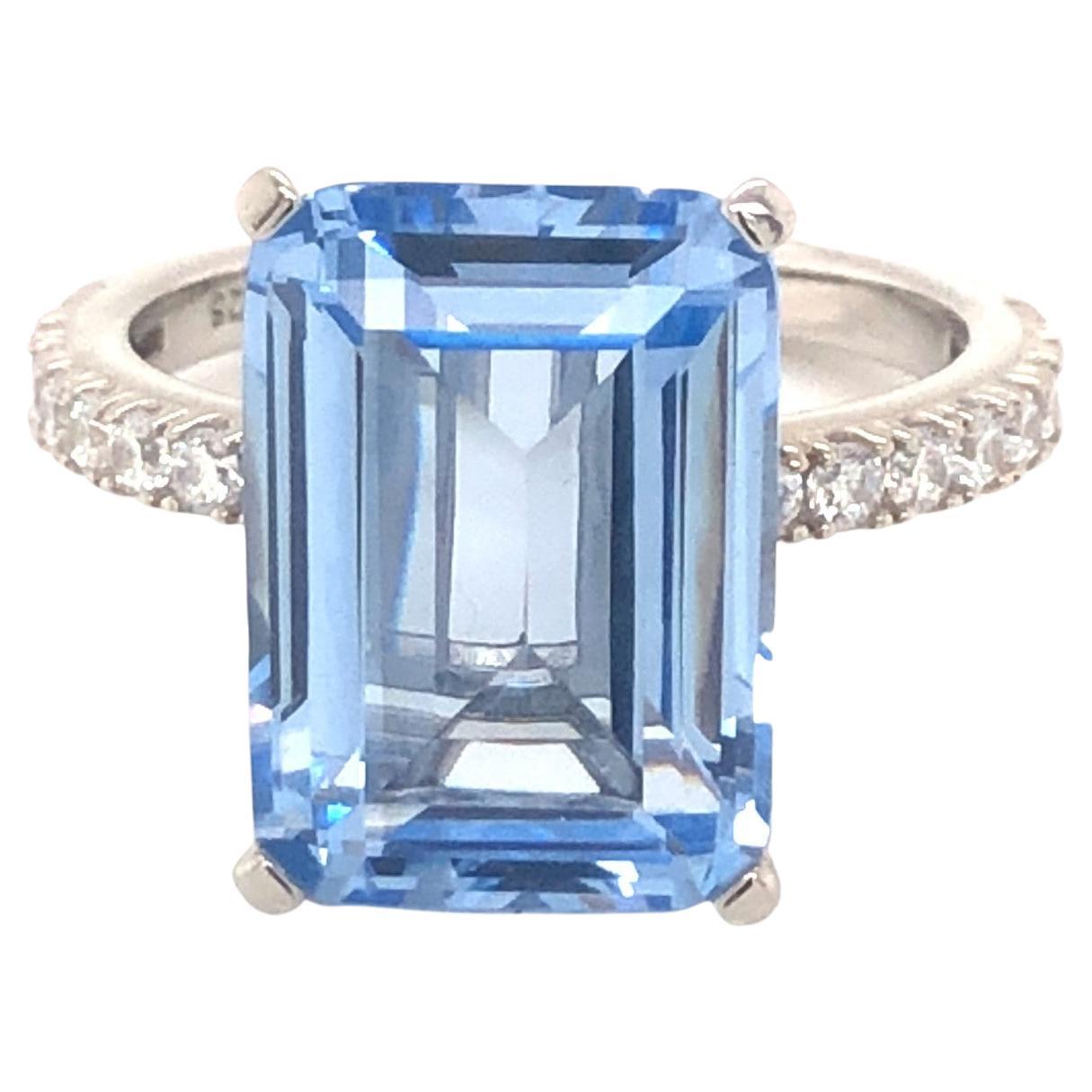 8.0 Carat Emerald Cut Blue Spinel Cubic Zirconia Sterling Silver Engagement Ring For Sale