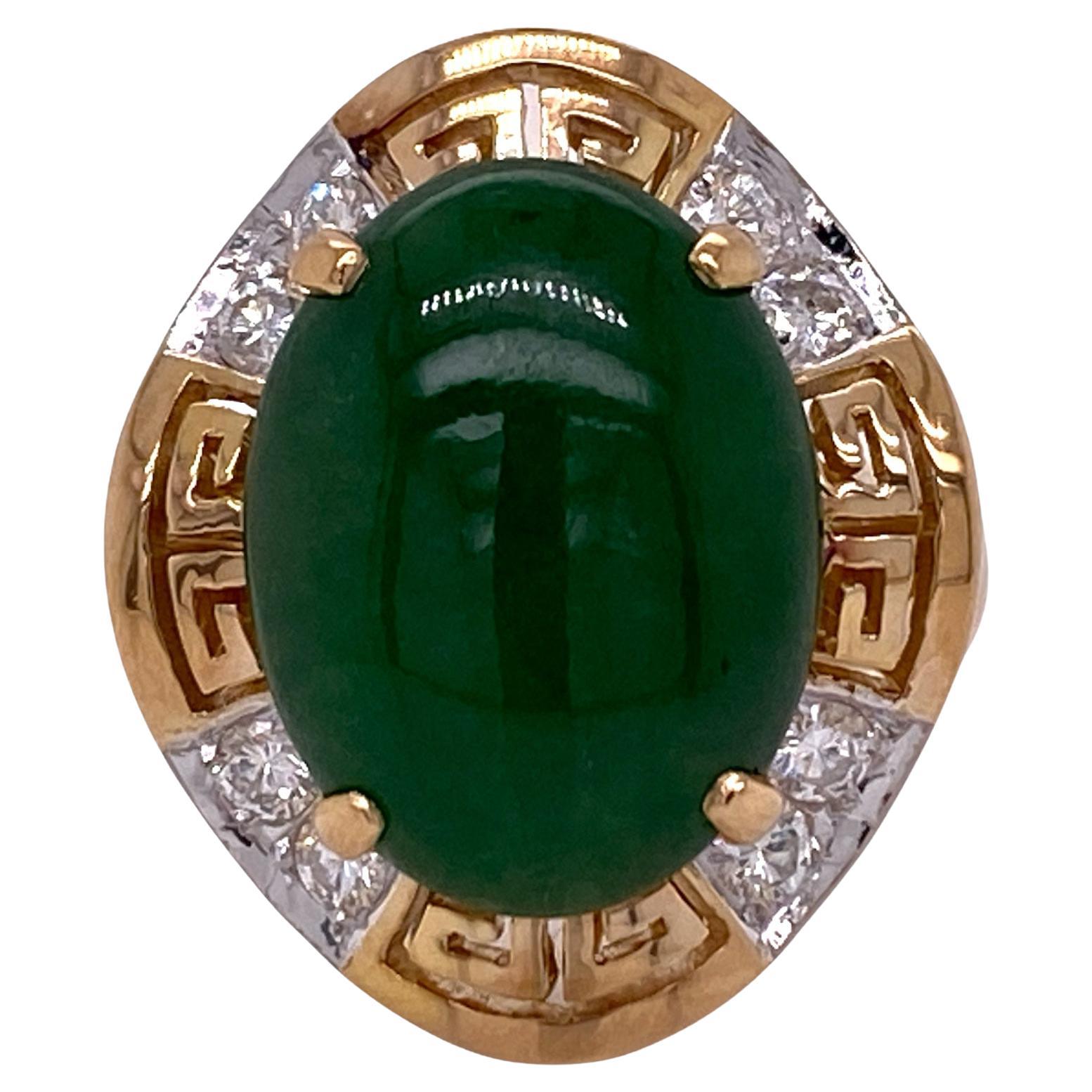 8.0 Carat Jade Diamond 14 Karat Yellow Gold Greek Key Design Cocktail Ring 