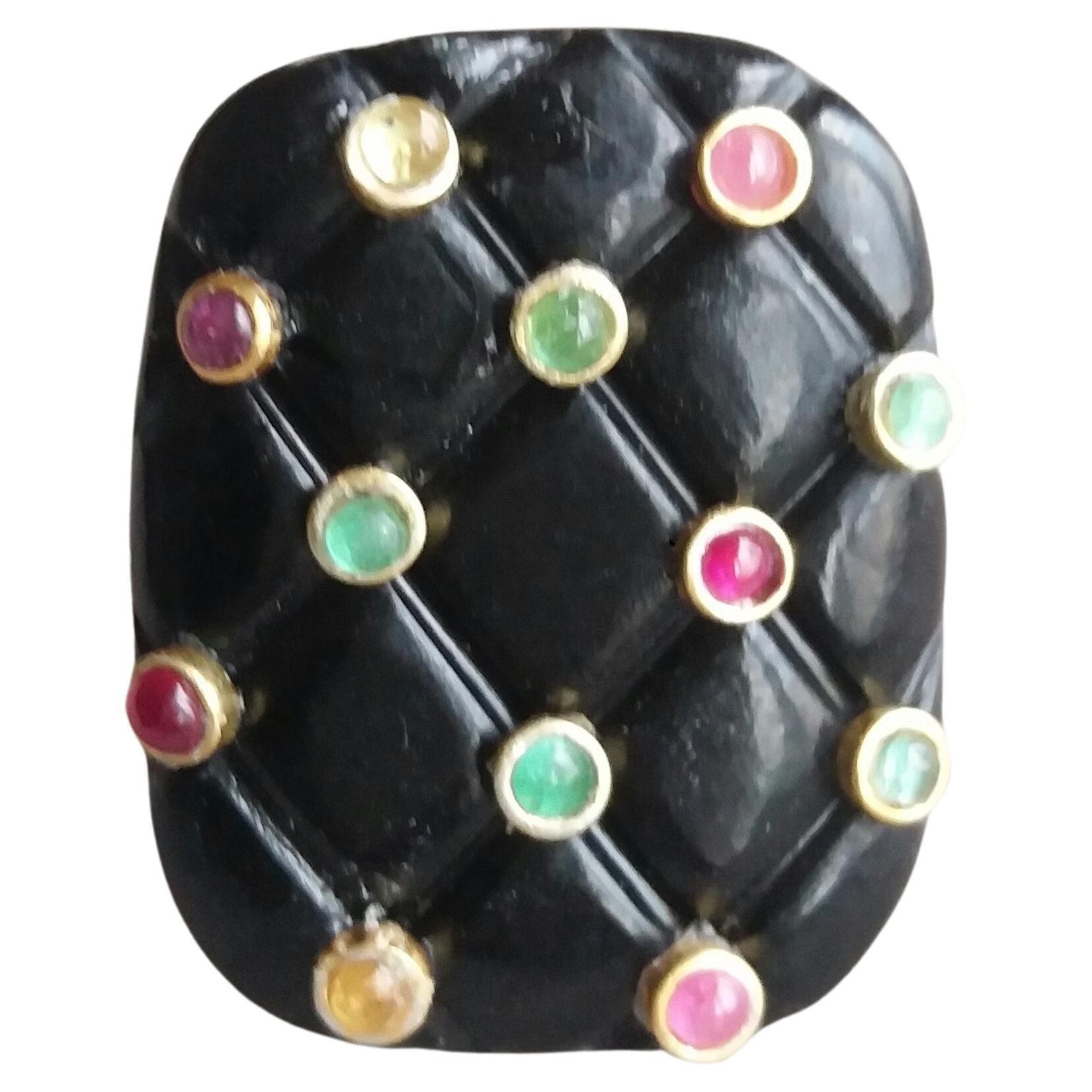 80 Carat "Mattress" Black Onyx Cushion Rubies Emeralds Sapphires 14K Gold Ring For Sale