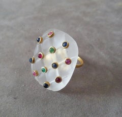 80 Carat "Mattress" Style Quartz Cushion Rubies Emeralds Sapphires 14K Gold Ring