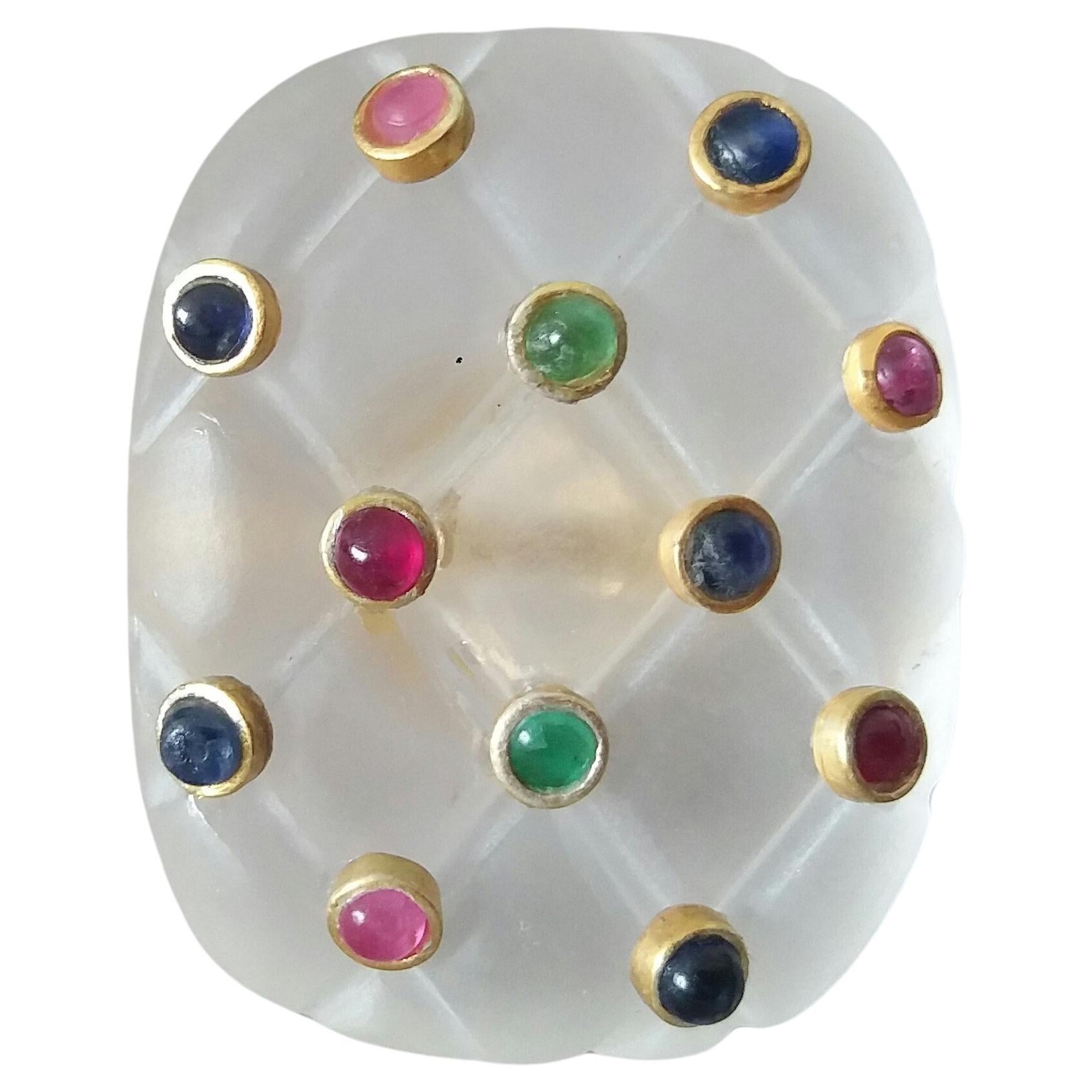 80 Carat "Mattress" Style Quartz Cushion Rubies Emeralds Sapphires 14K Gold Ring