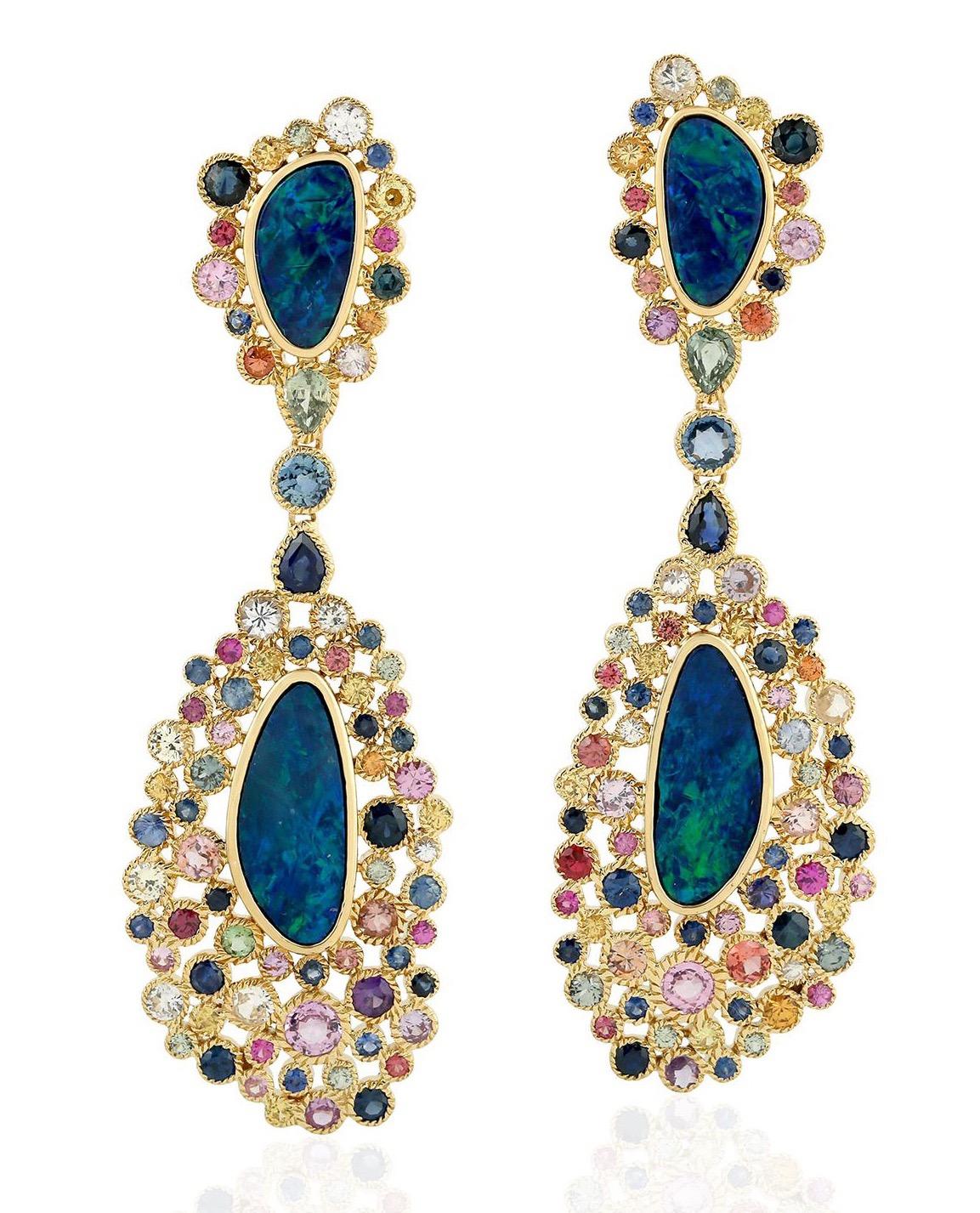 Mixed Cut 8.0 Carat Opal Multi Sapphire 18 Karat Gold Earrings For Sale