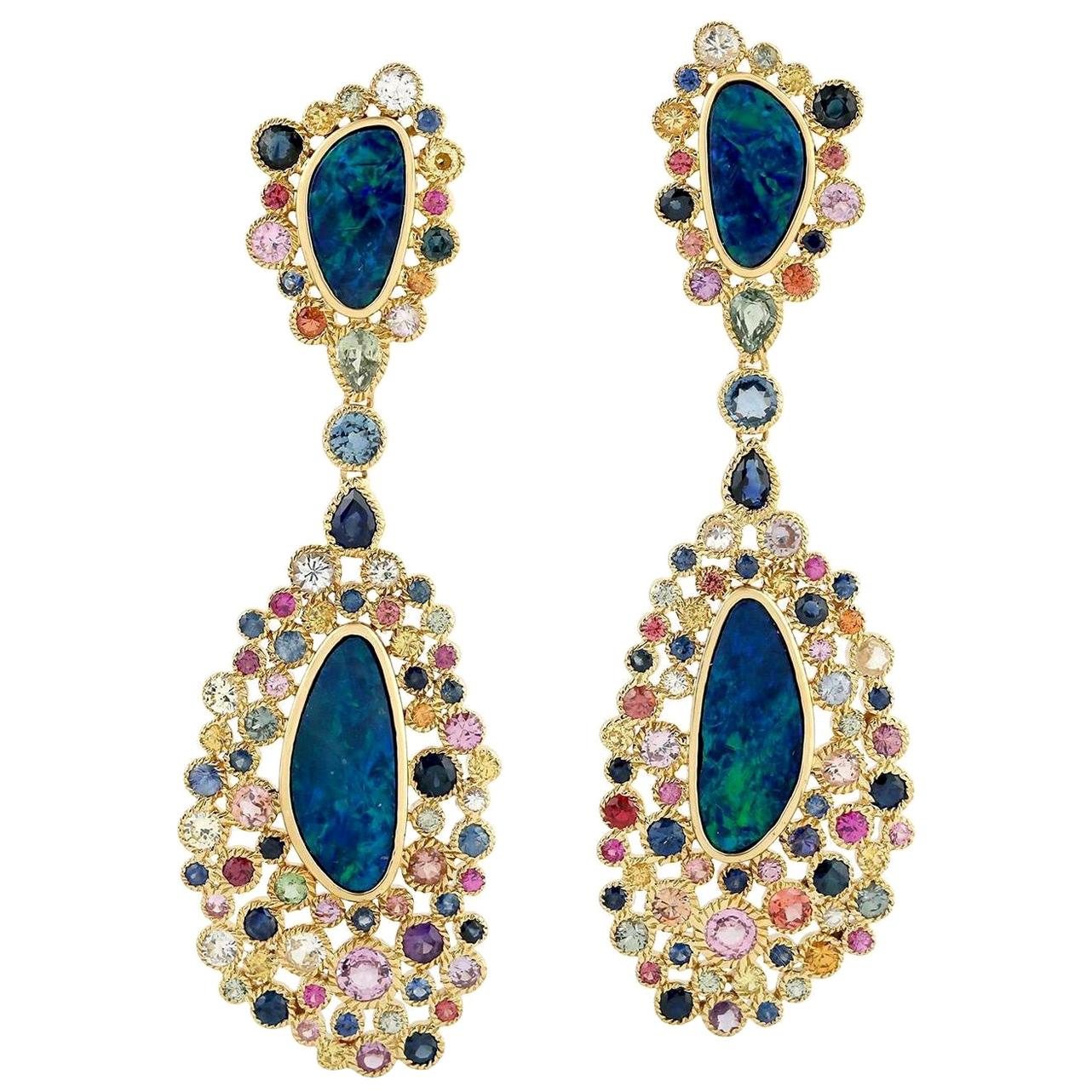 8.0 Carat Opal Multi Sapphire 18 Karat Gold Earrings For Sale
