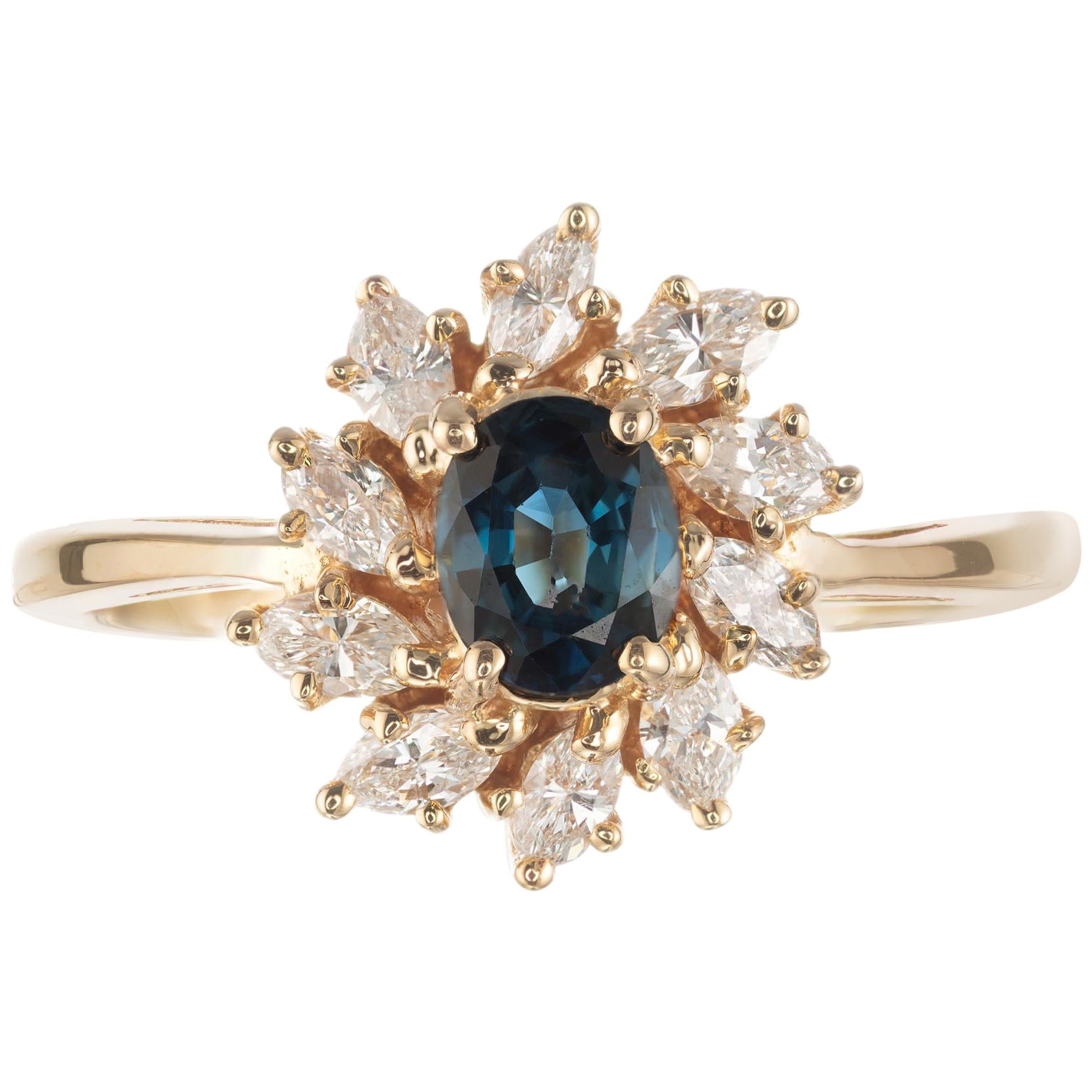 .80 Carat Oval Sapphire Diamond Halo Yellow Gold Engagement Ring For Sale