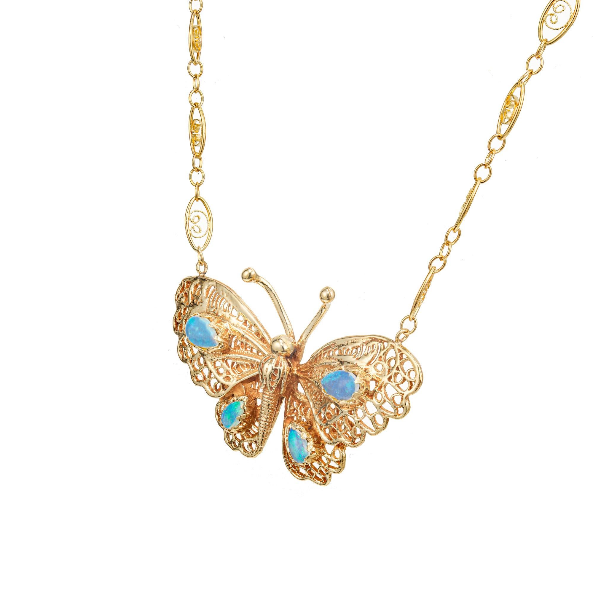 .80 Carat Pear Opal Yellow Gold Butterfly Mid-Century Pendant Necklace In Good Condition For Sale In Stamford, CT