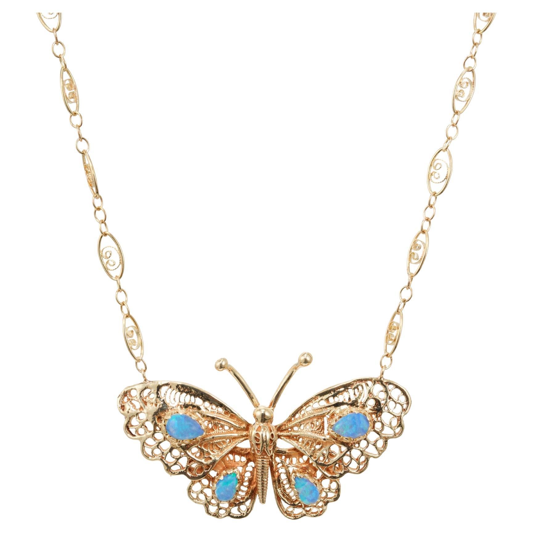 .80 Carat Pear Opal Yellow Gold Butterfly Mid-Century Pendant Necklace