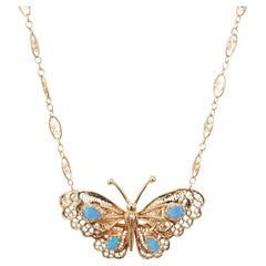 Vintage .80 Carat Pear Opal Yellow Gold Butterfly Mid-Century Pendant Necklace