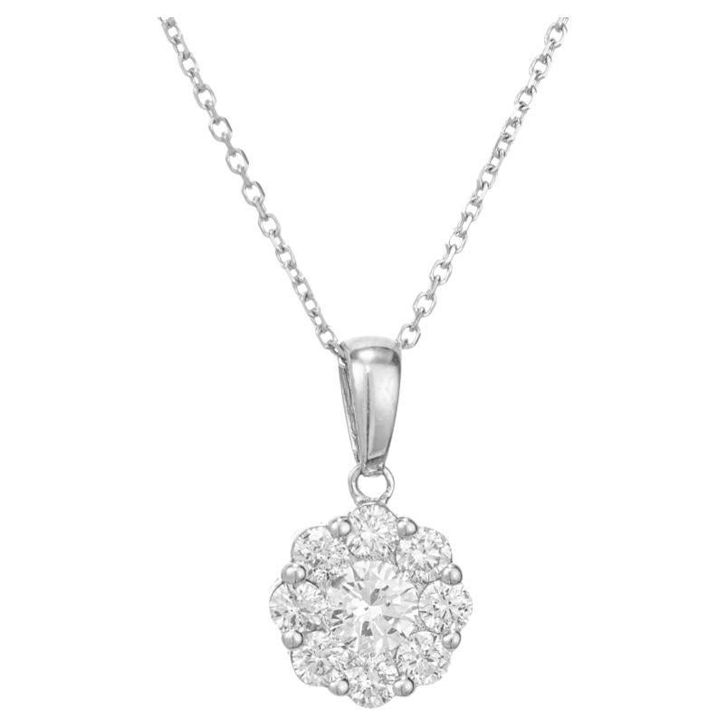 Collier à pendentif grappe en or blanc avec diamant rond halo de 0,80 carat 