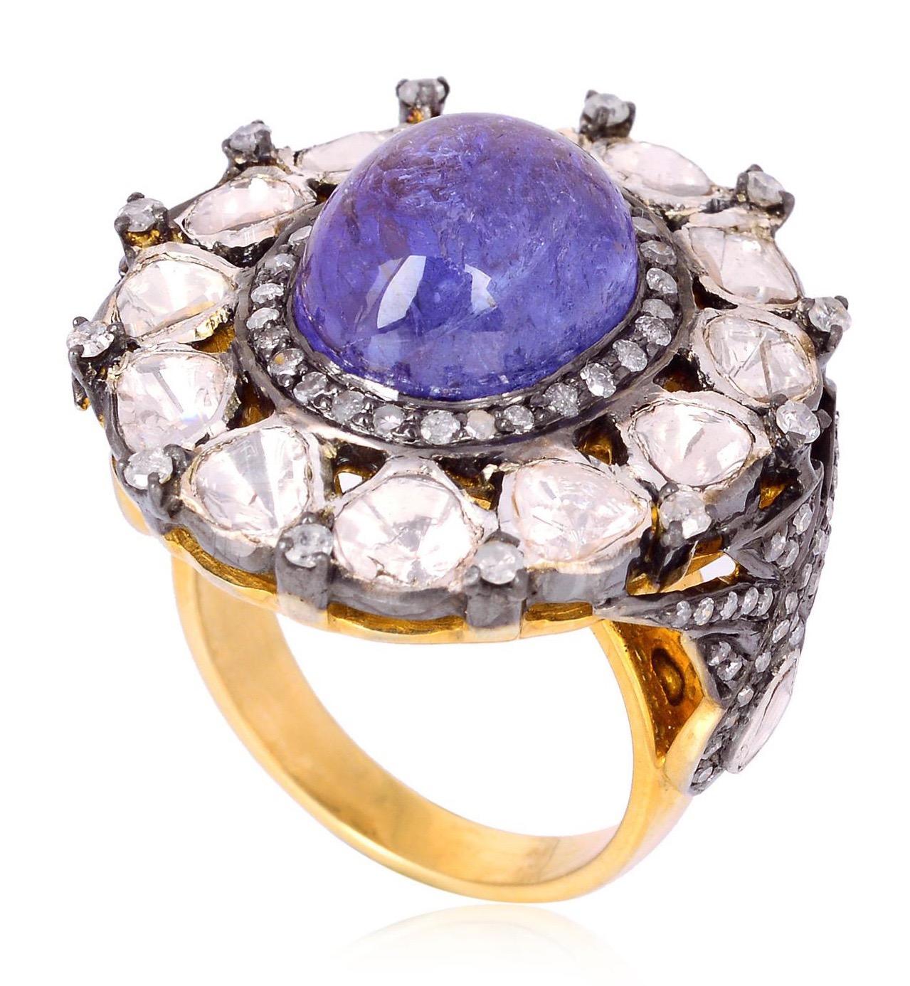 This ring has been meticulously crafted from 18-karat gold and sterling silver. Handcrafted in 8.0 carats tanzanite & illuminated with 3.22 carats diamonds. 

The ring is a size 7 and may be resized to larger or smaller upon request. 
FOLLOW  MEGHNA