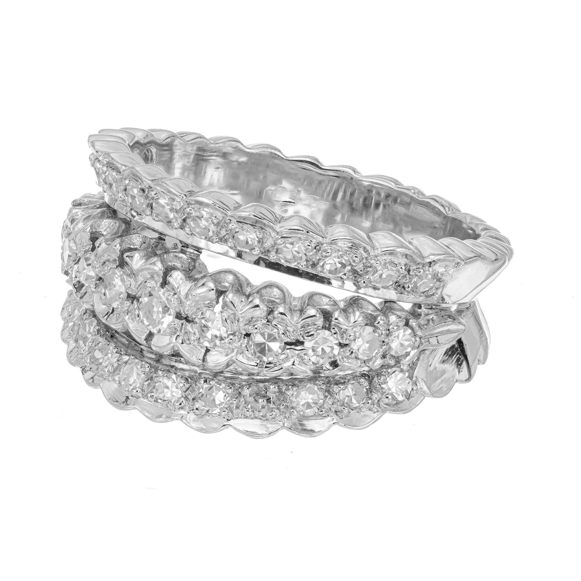 Single Cut .80 Carat Three Row Diamond White Gold Cocktail Ring For Sale