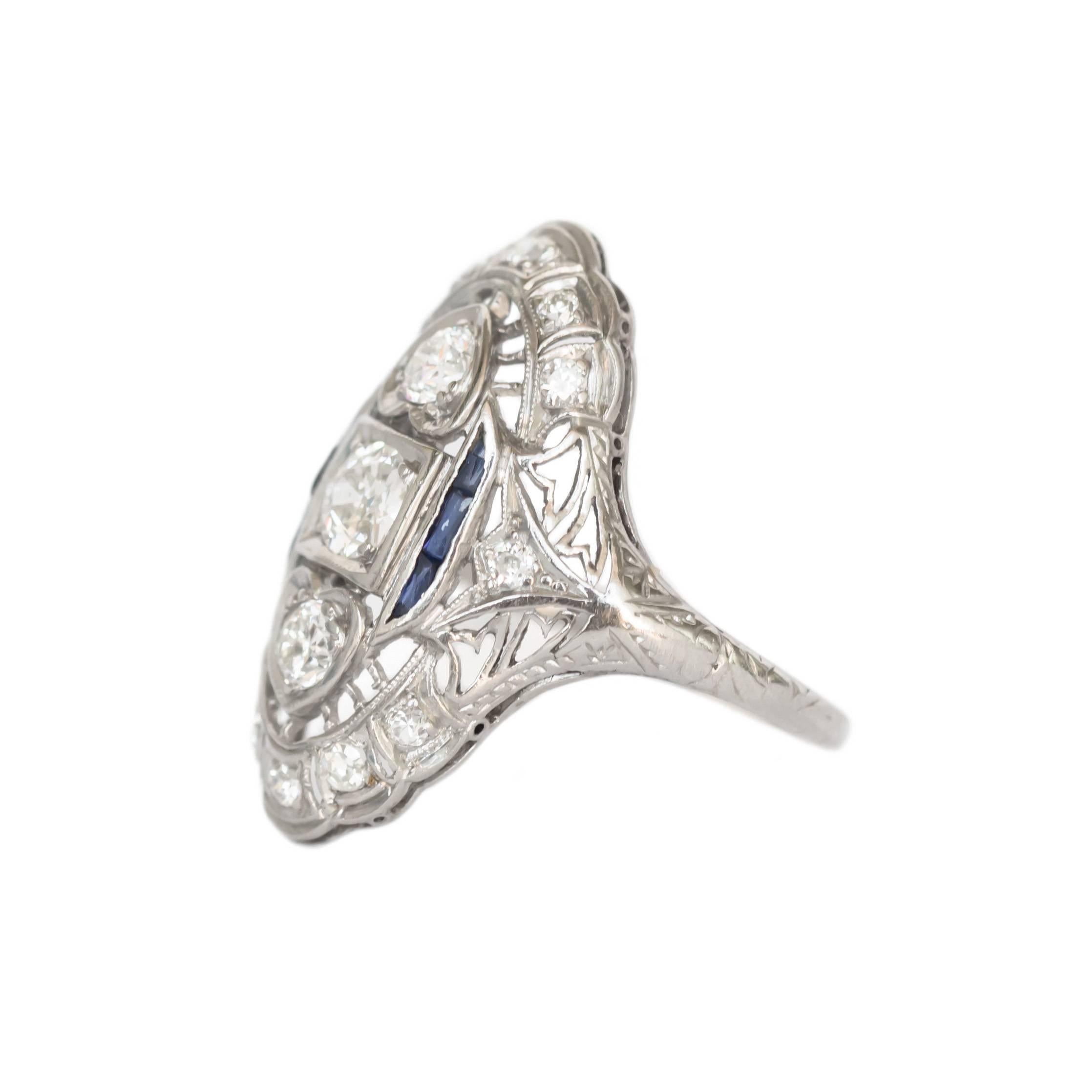 Item Details: 
Ring Size: 6.5
Metal Type: Platinum
Weight: 4.2 grams

Stone Details: 
Shape: Old European Brilliant 
Total Carat Weight: .80 carat total weight
Color: F
Clarity: VS

Color Stone Details: 
Type: Sapphire (NATURAL)
Shape: French Cut