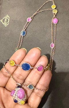 80 Ct Bezel-Set Multi-Sapphire Station Necklace & With diamonds 18kt Gold 35" L