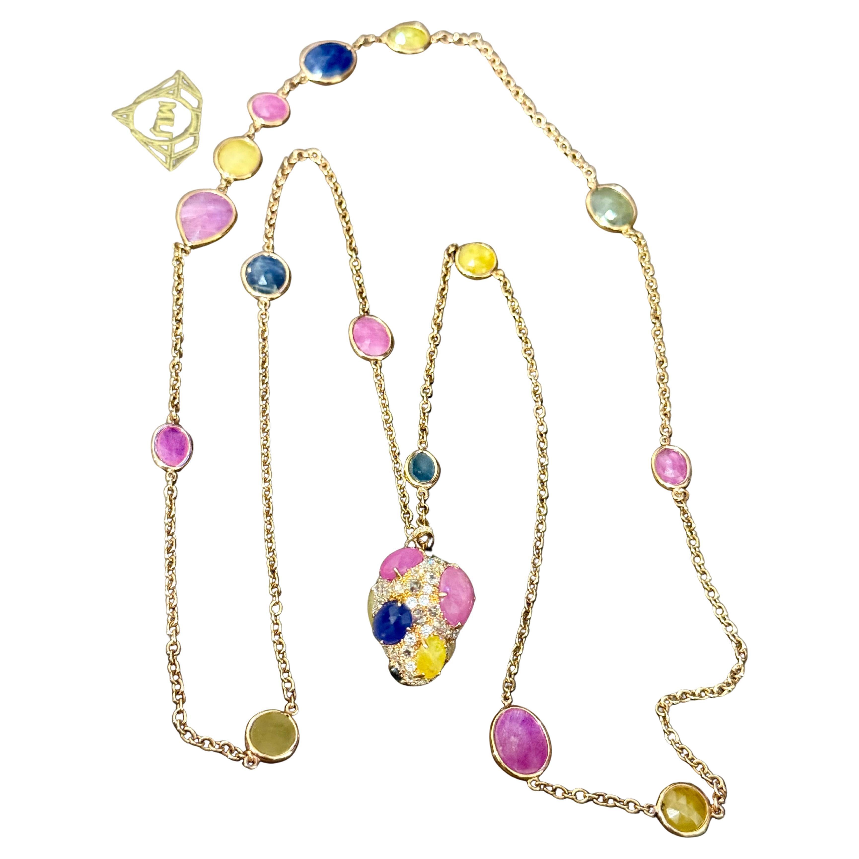 80 Karat Lünette gefasste Multi-Sapphire Station Halskette & mit Diamanten 18kt Gold 35" L