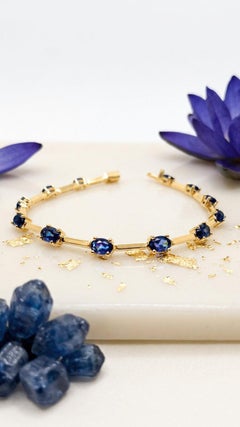 8.0 Ct Blue Sapphire Station Bracelet 14K Gold Sapphire Link Bracelet Unisex