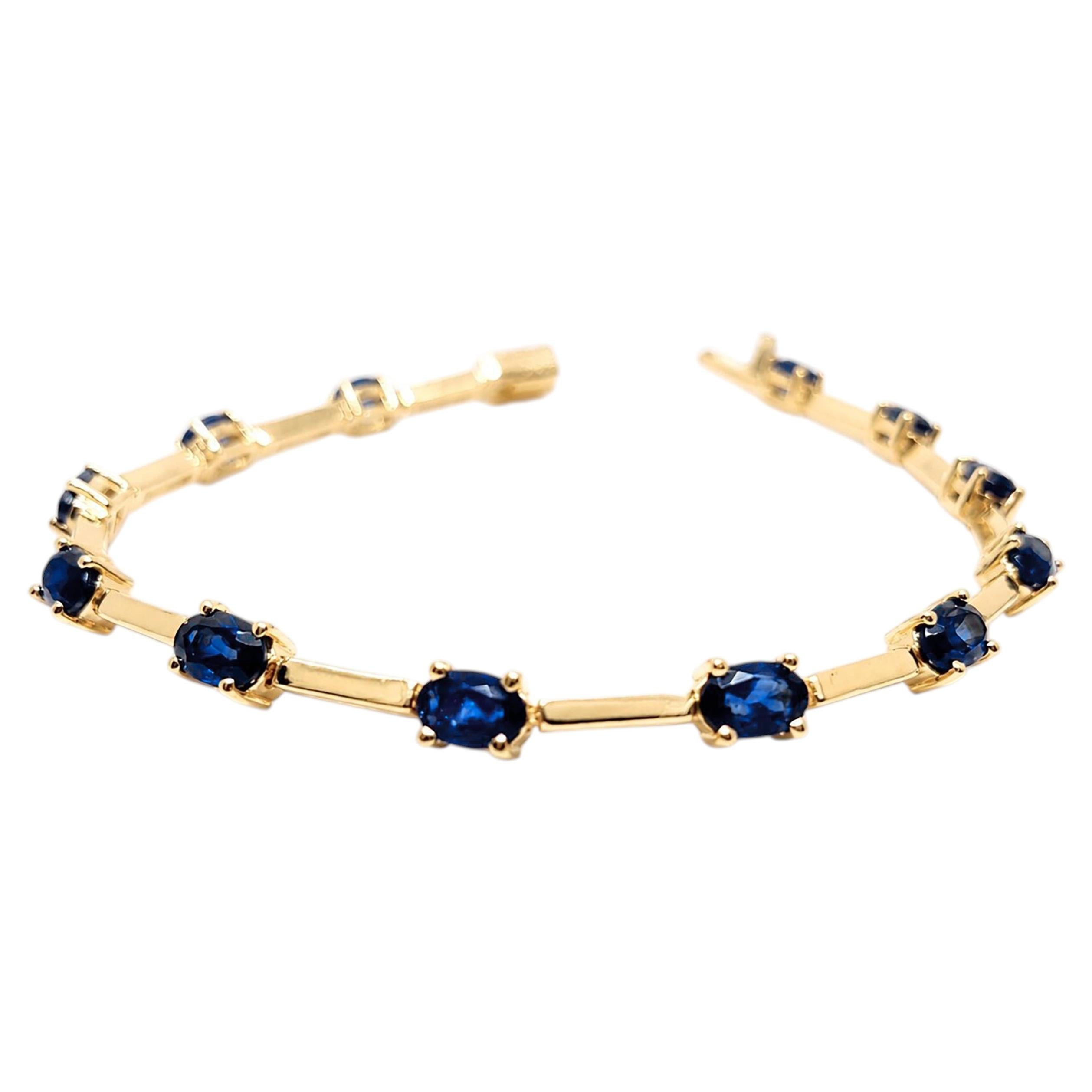 8.0 Ct Blue Sapphire Station Bracelet 14K Gold Sapphire Link Bracelet Unisex