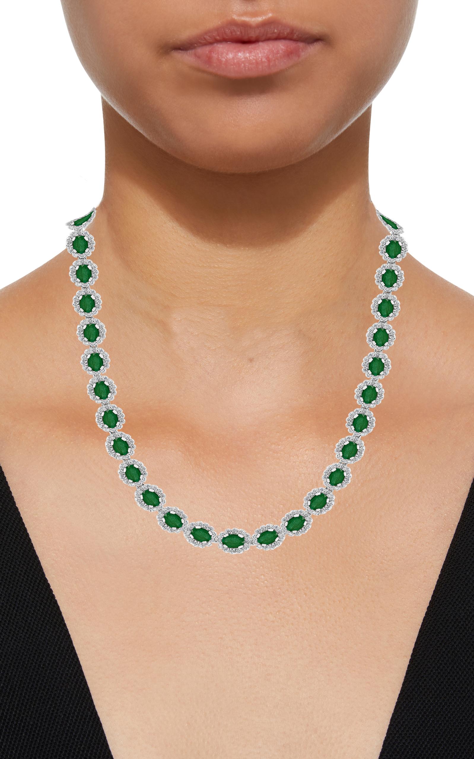 60 Ct Oval Brazil  Emerald & 7.5 Ct Diamond Necklace Earring  Suite 14K  In Excellent Condition In New York, NY