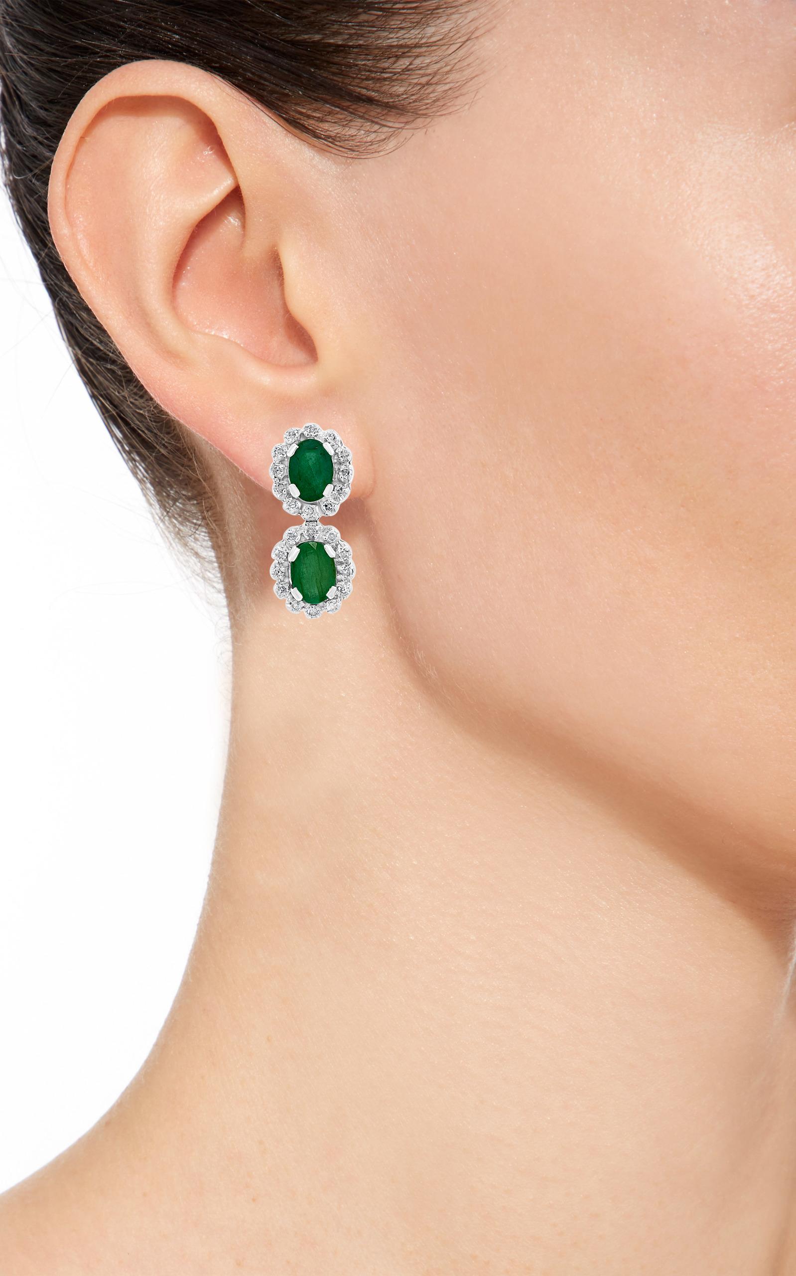 Women's 60 Ct Oval Brazil  Emerald & 7.5 Ct Diamond Necklace Earring  Suite 14K 
