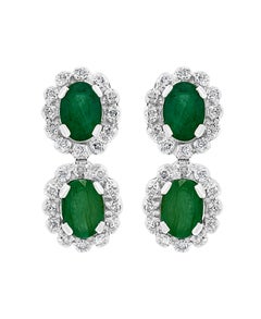 60 Ct Oval Brazil  Emerald & 7.5 Ct Diamond Necklace Earring  Suite 14K