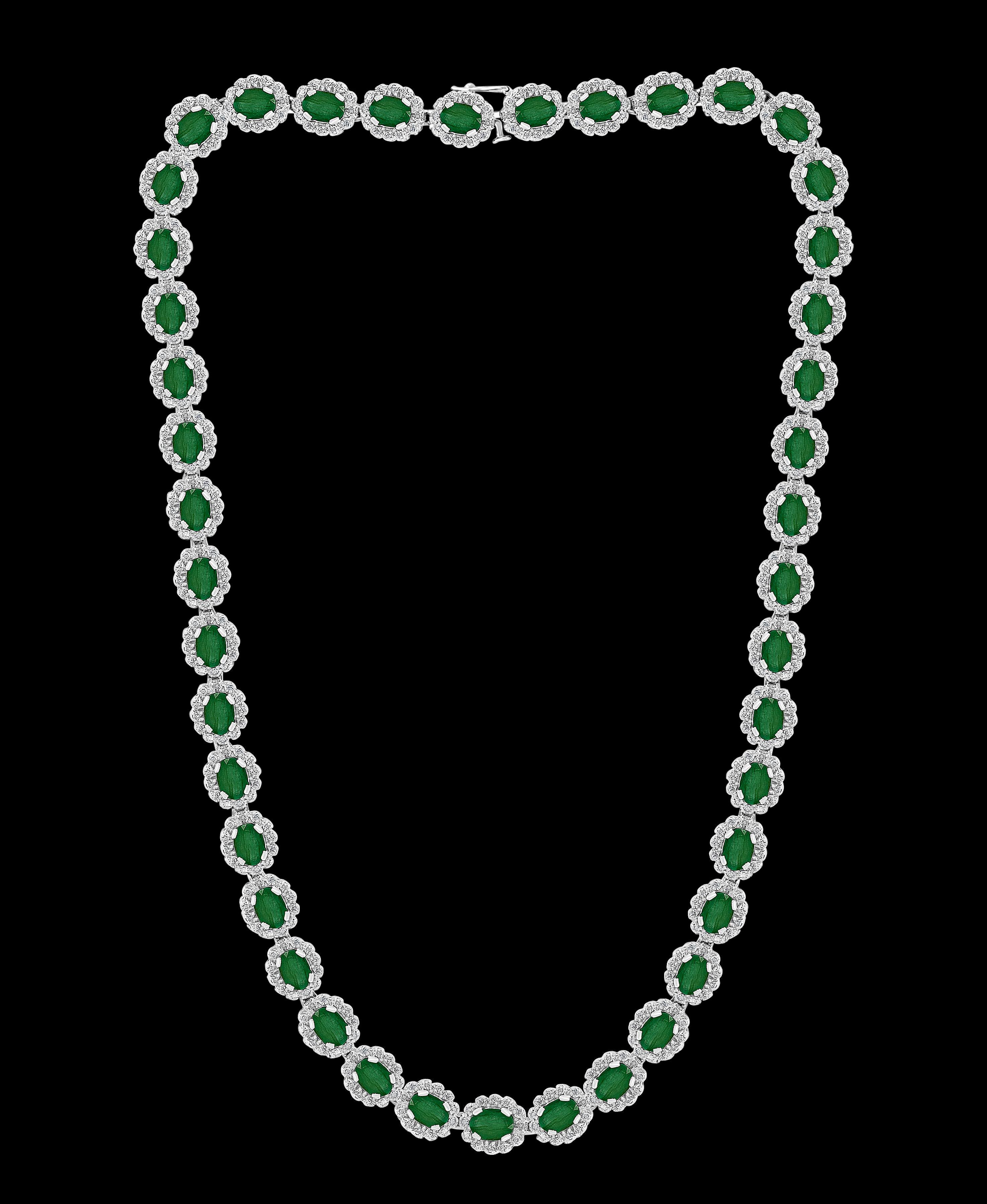 Oval Cut 60 Ct Oval Brazil  Emerald & 7.5 Ct Diamond Necklace Earring  Suite 14K 