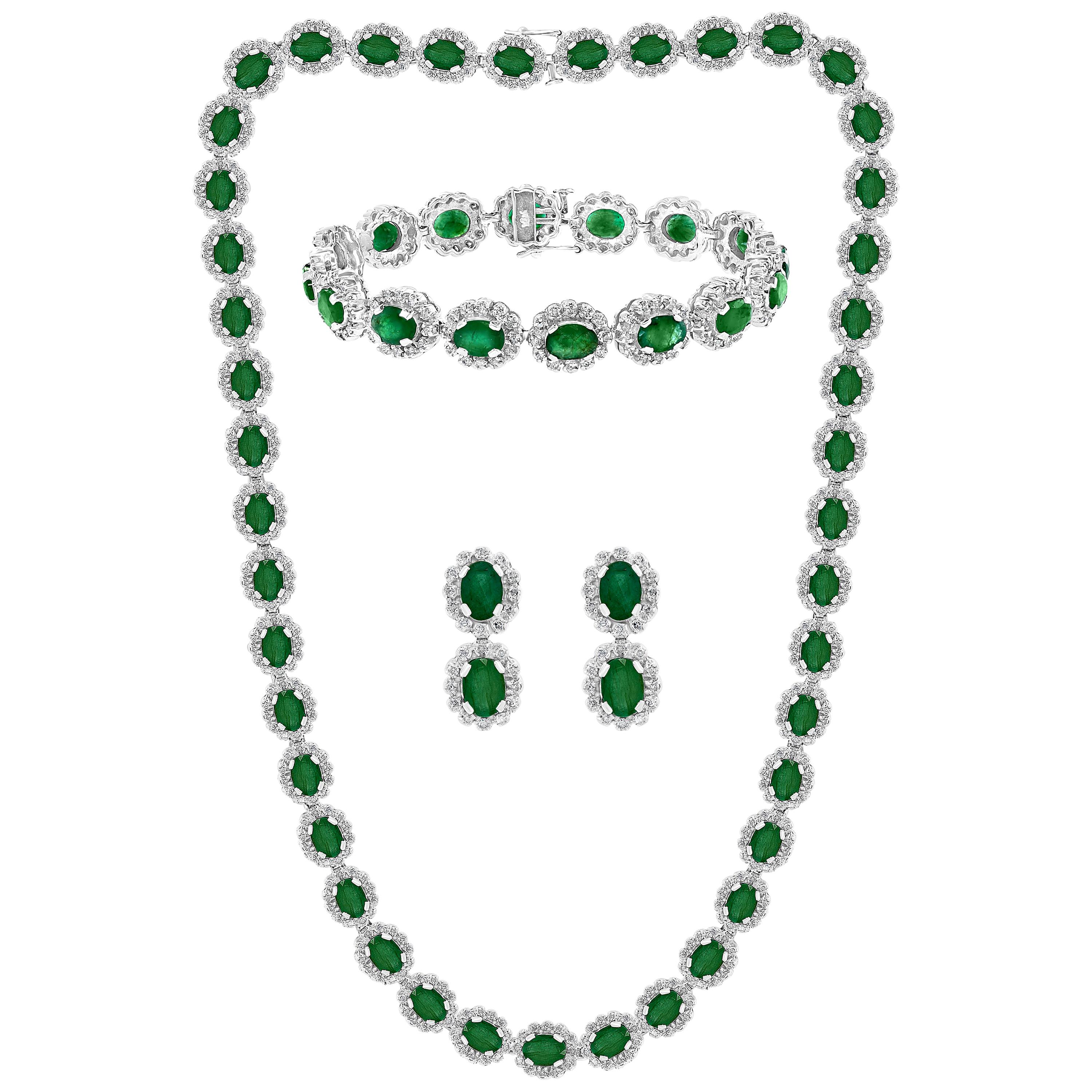 50 Ct Oval Brazil  Emerald & 7.5 Ct Diamond Necklace Earring Bracelet Suite 14K 