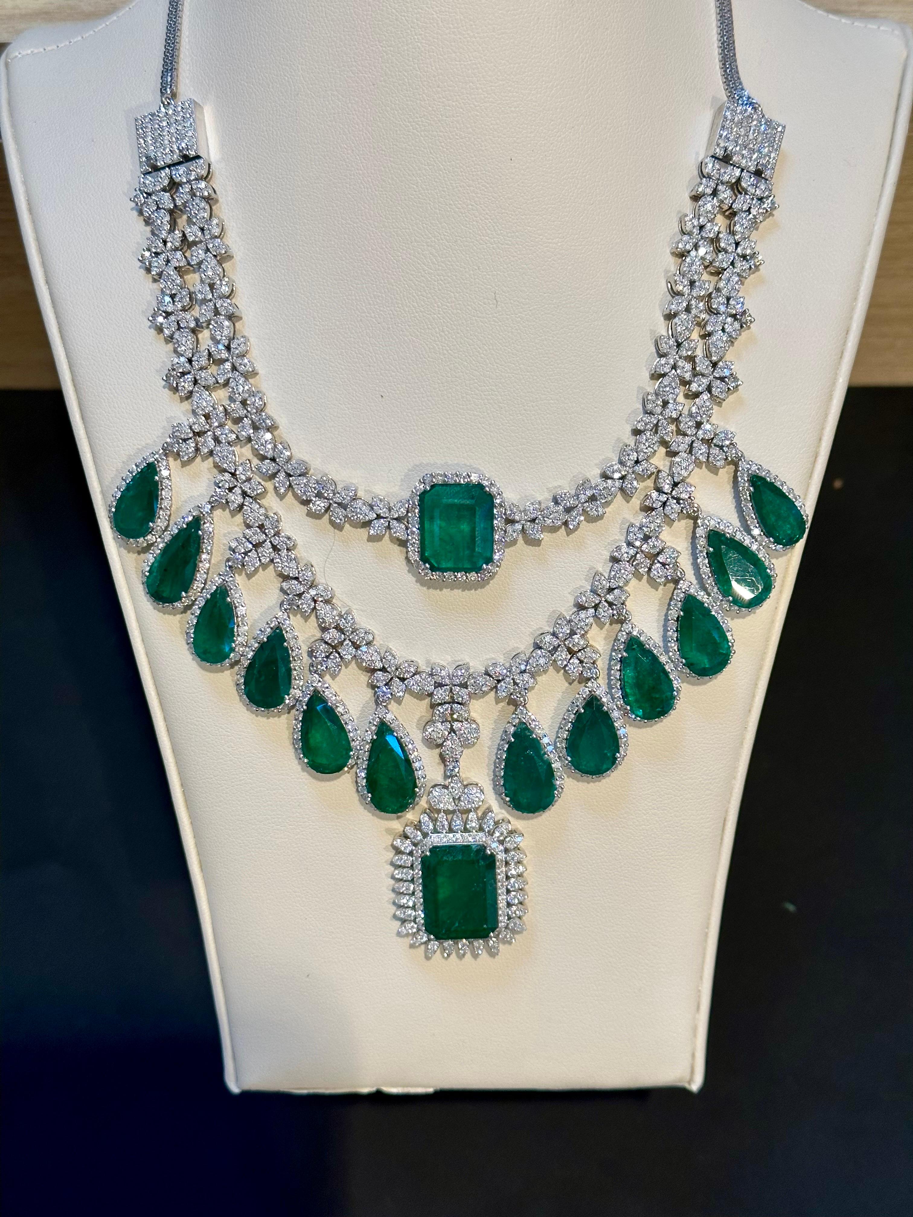 80 Ct solitaire Zambian Emerald & 25Ct Diamond Fringe Necklace detachable layers 4