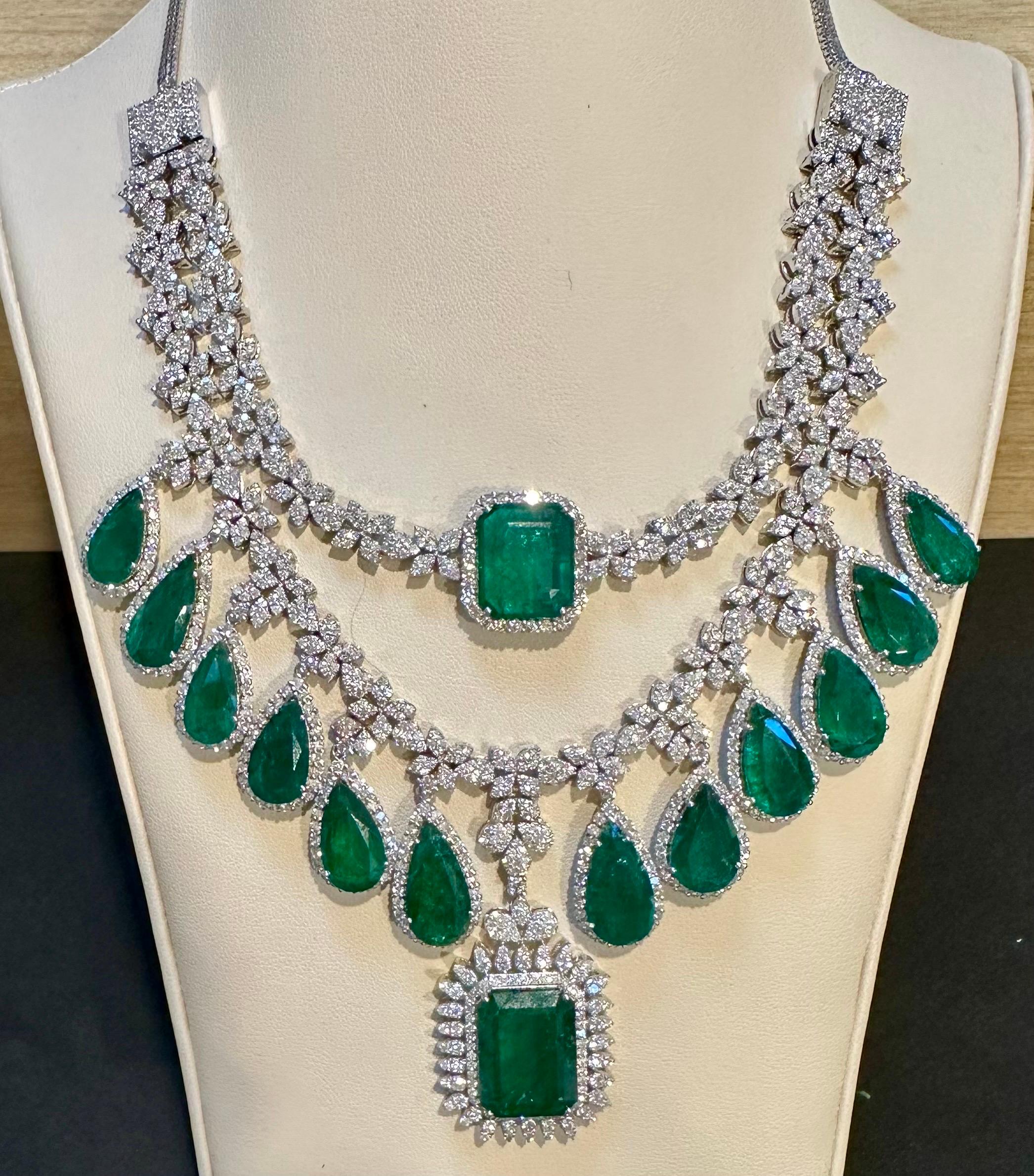 80 Ct solitaire Zambian Emerald & 25Ct Diamond Fringe Necklace detachable layers 6