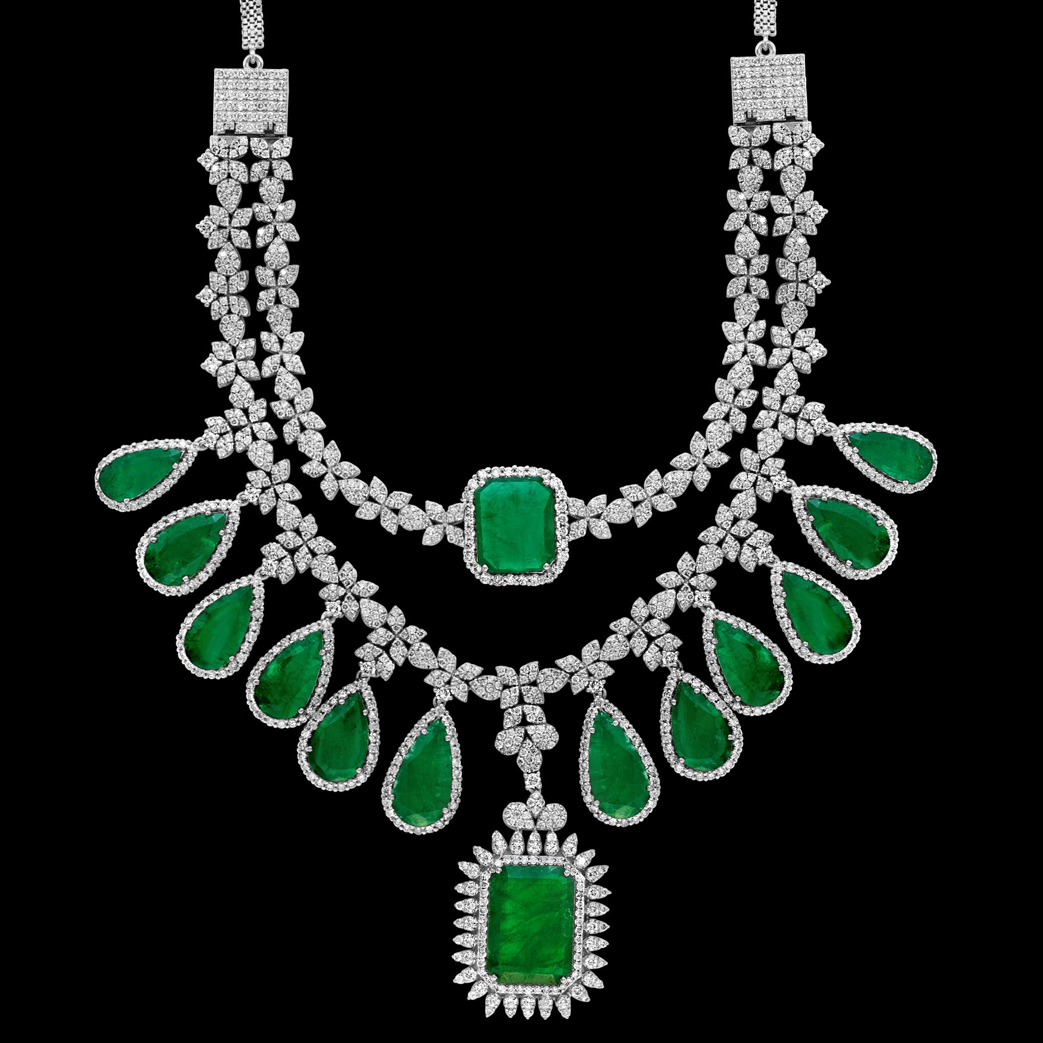80 Ct solitaire Zambian Emerald & 25Ct Diamond Fringe Necklace detachable layers 7
