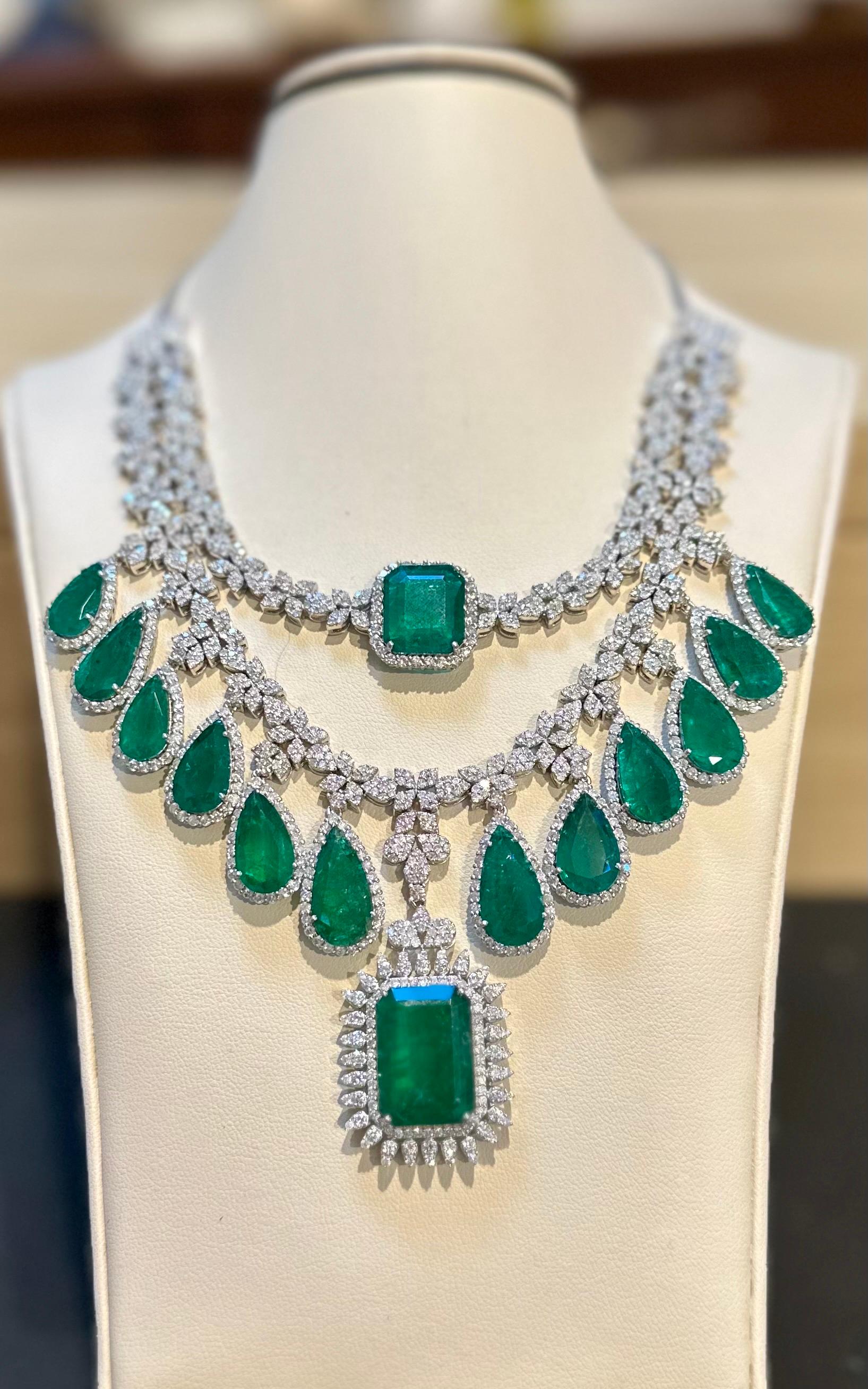 80 Ct Large solitaire Zambian pear shape and Emerald cut  Emerald & 25Ct Diamond Fringe Necklace in two layers , 14KWG Bridal 85 gm
Beautiful Bridal Necklace with two layers. The beauty is that you can detach one of the layer and wear only one layer