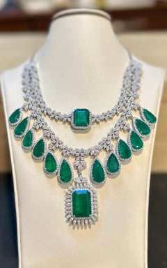 80 Ct solitaire Zambian Emerald & 25Ct Diamond Fringe Necklace detachable layers
