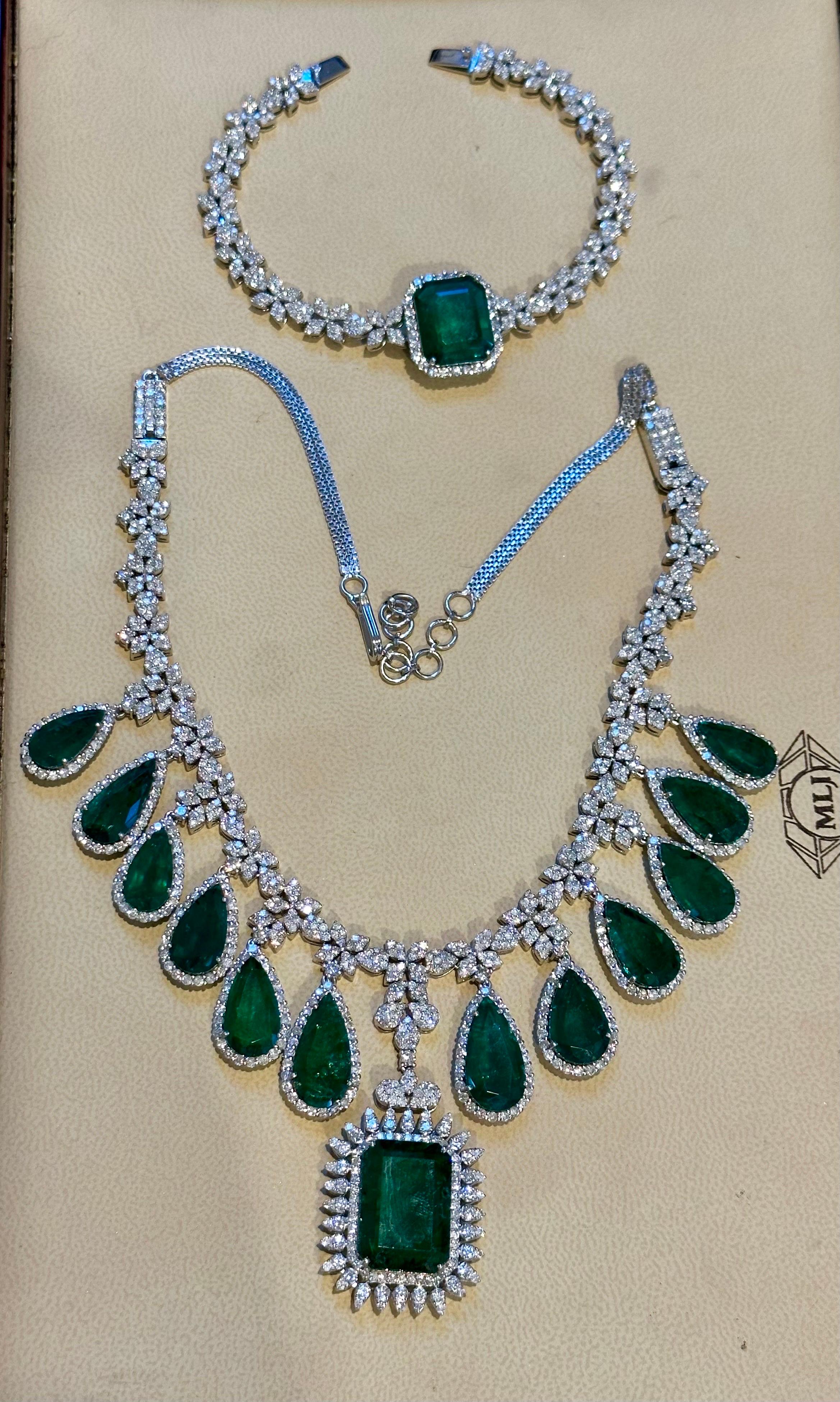 Emerald Cut 80 Ct solitaire Zambian Emerald & 25Ct Diamond Fringe Necklace detachable layers